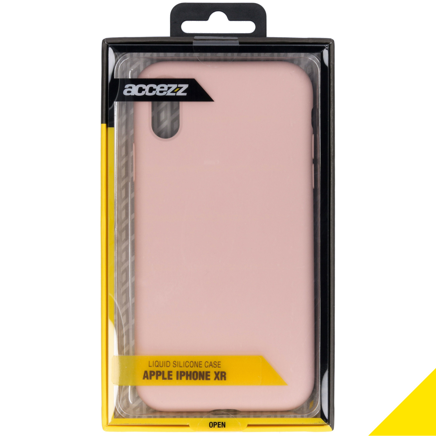 Coque en silicone rose pour un Apple iPhone XR, dans un emballage à accents jaunes.