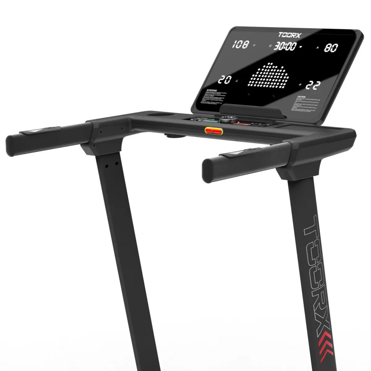 Treadmill with digital display showing speed, time and distance, with handles.