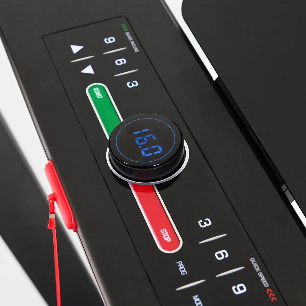 Treadmill control panel showing speed and incline settings. Start and stop buttons.