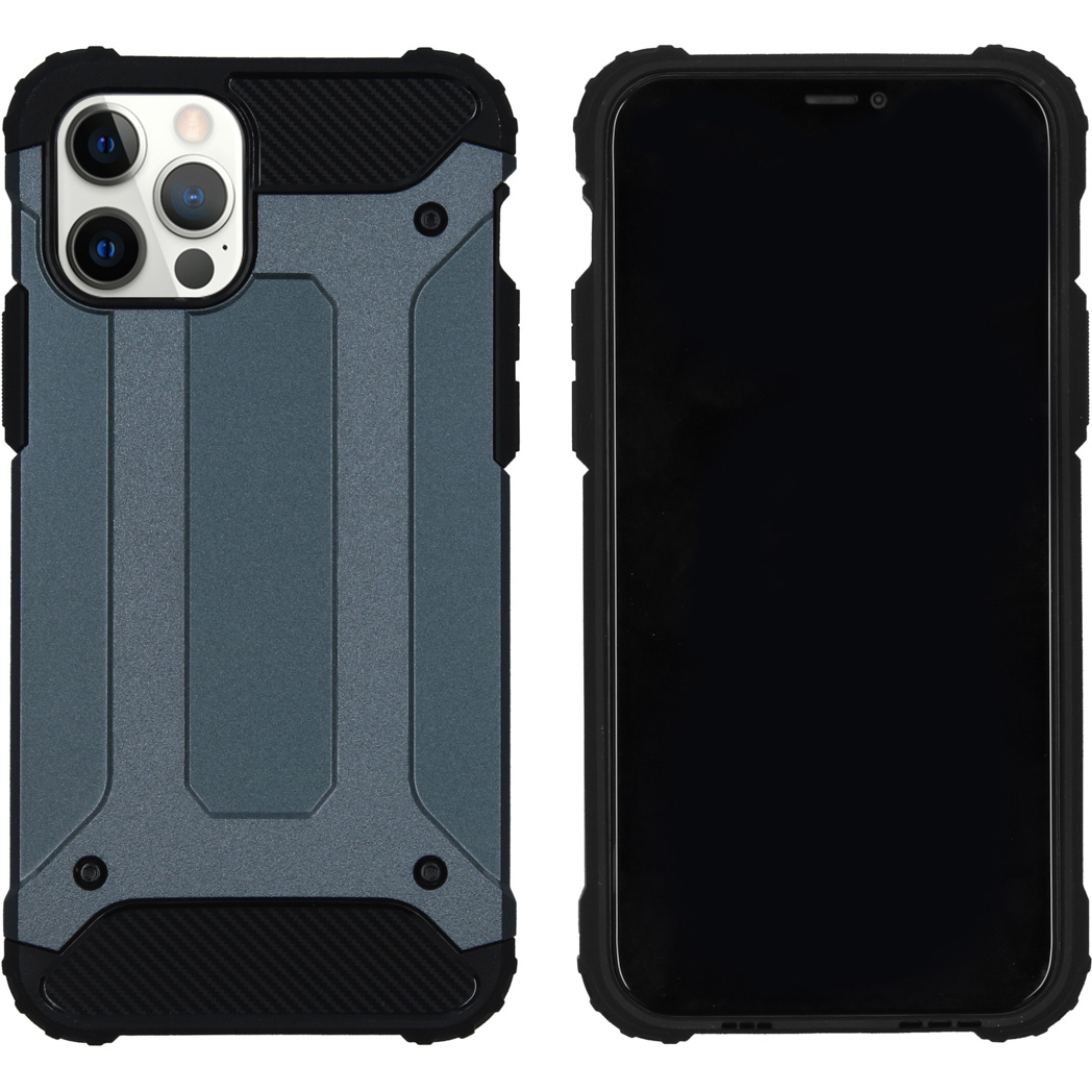 Een robuuste telefoonhoes met een donkerblauw en zwart ontwerp en een telefoon.