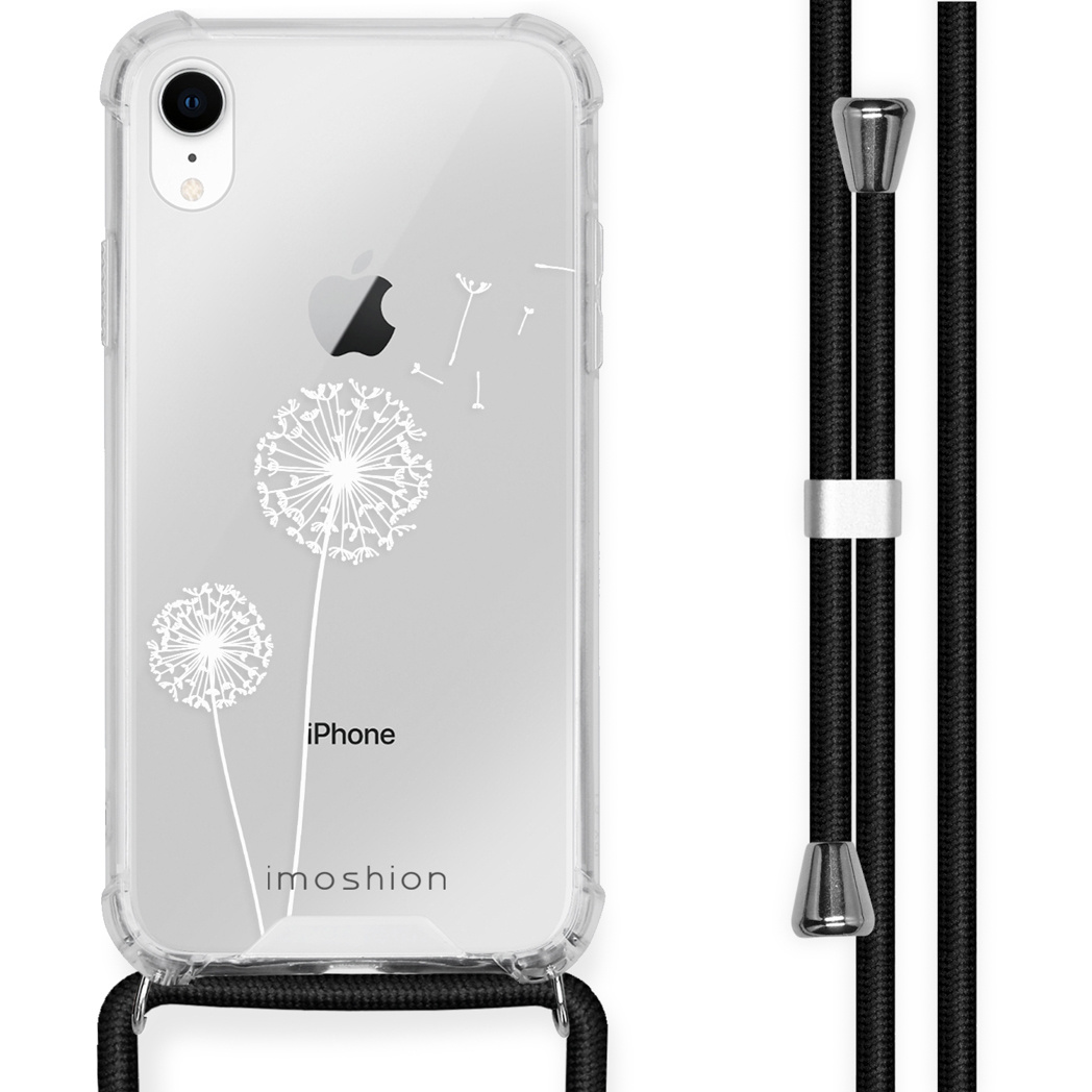 Transparante iPhone-hoes met paardenbloemontwerp en zwart koord.