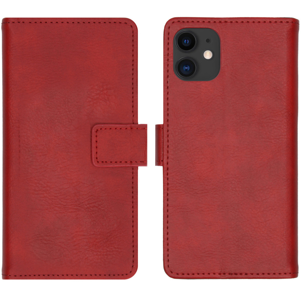 Open rode telefoonhoes met knoopsluiting, telefoon erin.