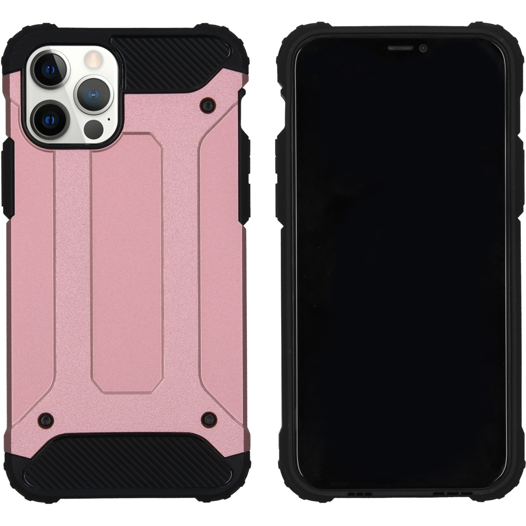 Roze en zwarte telefoonhoes met een telefoon erin. De hoes is stevig. De telefoon is zwart.