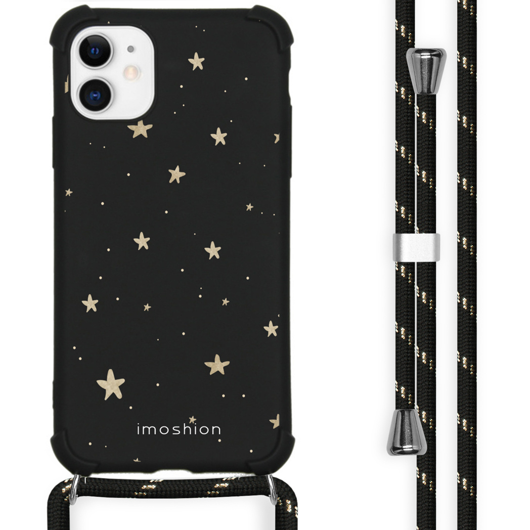 Coque noire avec étoiles dorées et cordon, logo imoshion visible.
