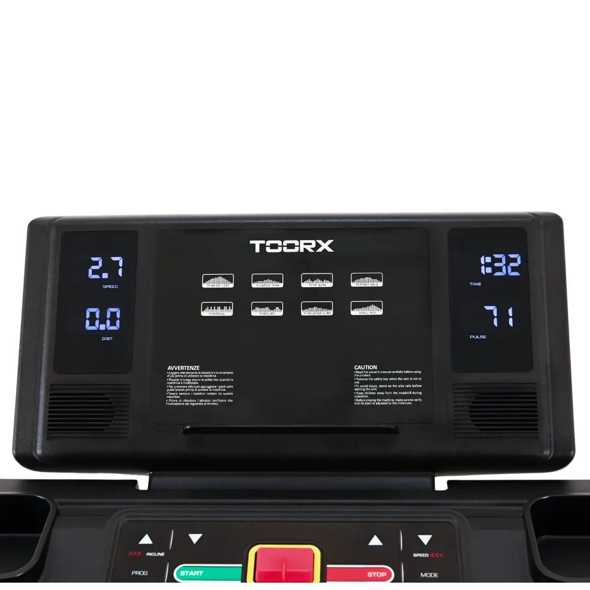 Close-up of a treadmill console showing speed, distance, time and pulse readings with buttons.
