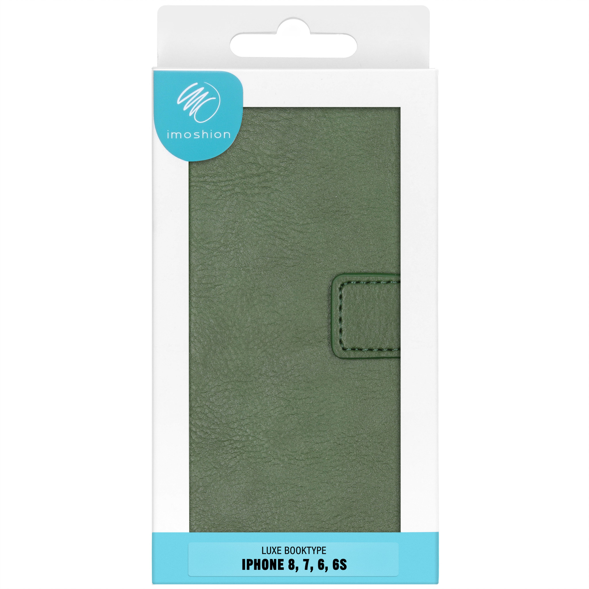 Groene telefoonhoes in de verpakking, met een flap en knop, tegen een witte achtergrond.