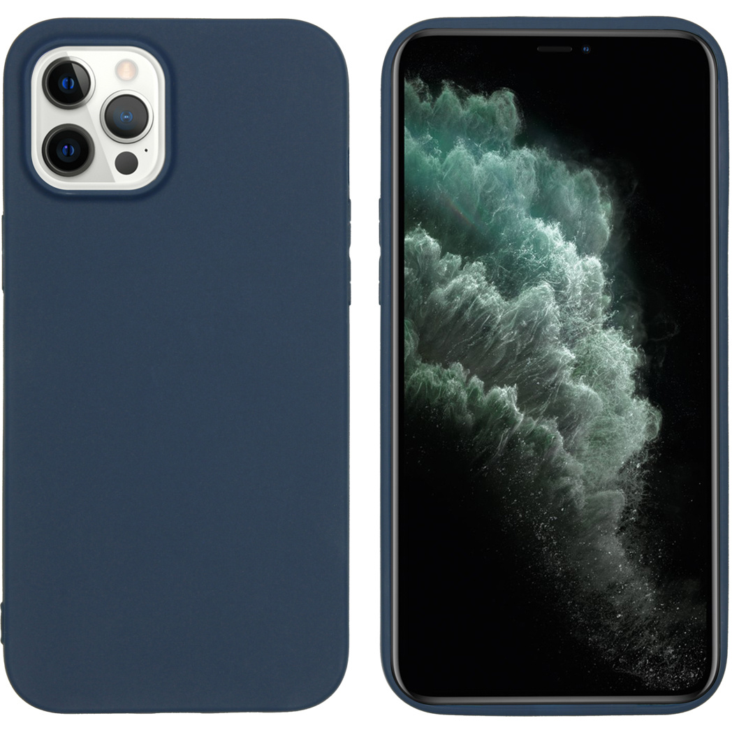 Coque de téléphone bleu foncé avec un téléphone à l'intérieur. L'arrière-plan est une image floue.
