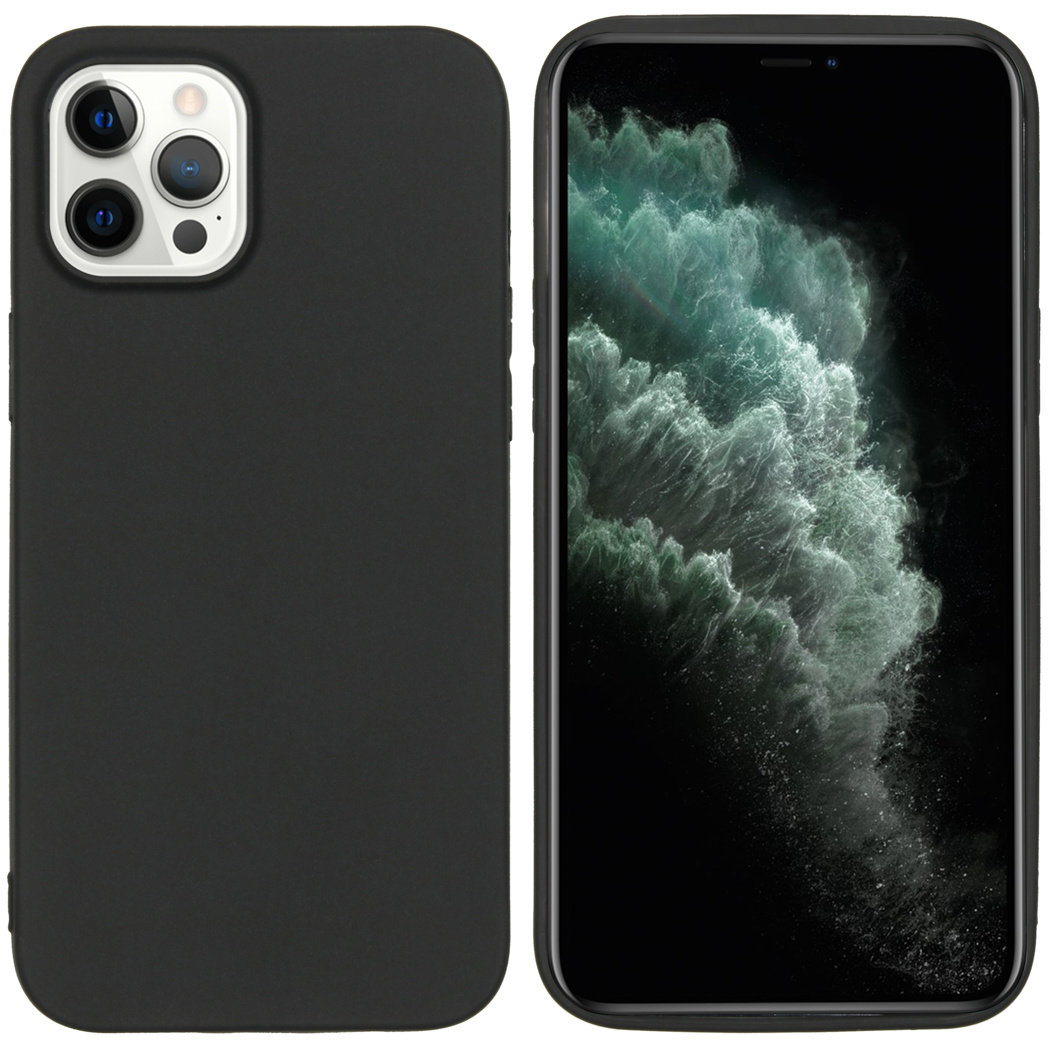 Een zwart telefoonhoesje. De telefoon heeft een zwart scherm en een drievoudige camera-opstelling.