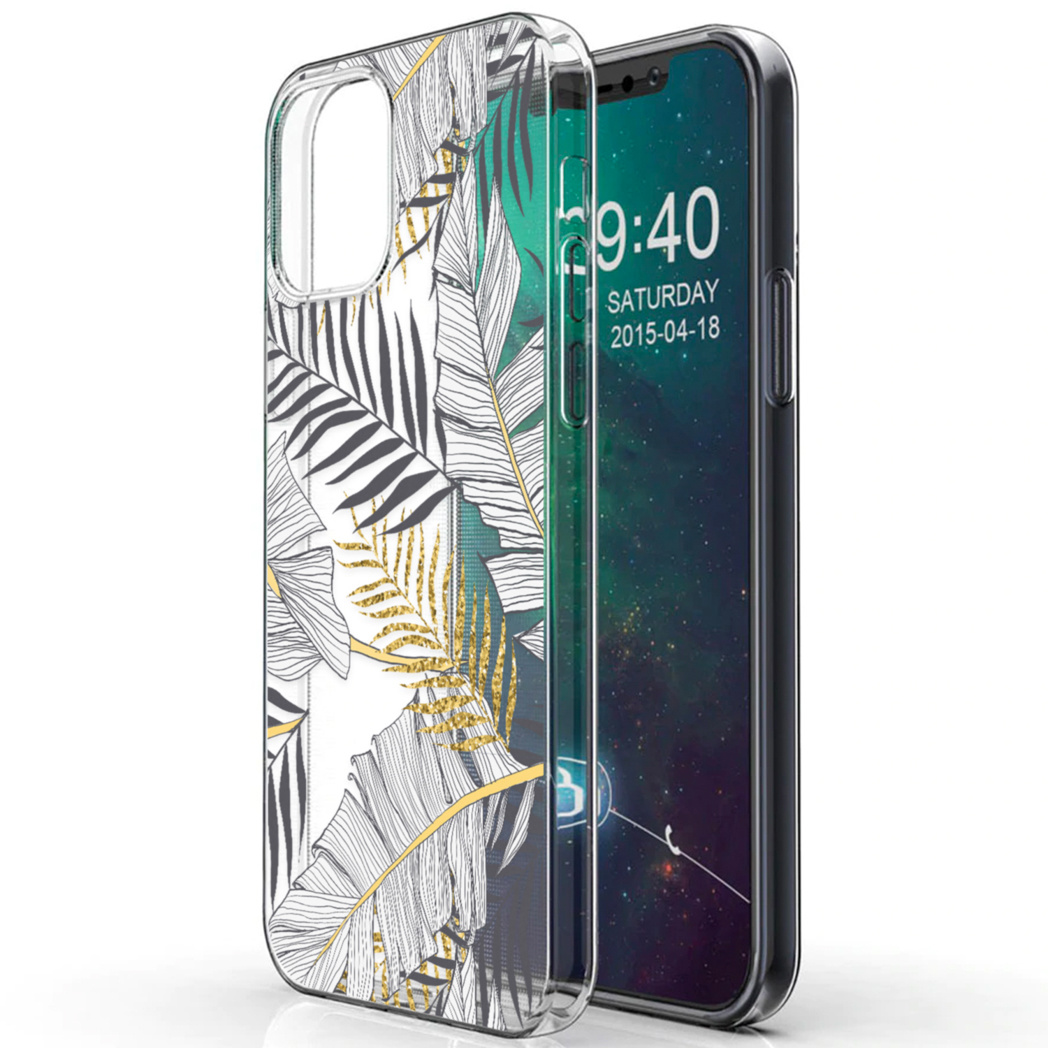 Coque de téléphone transparente avec un motif de feuilles. Le téléphone affiche un écran. Les feuilles sont noires et dorées.