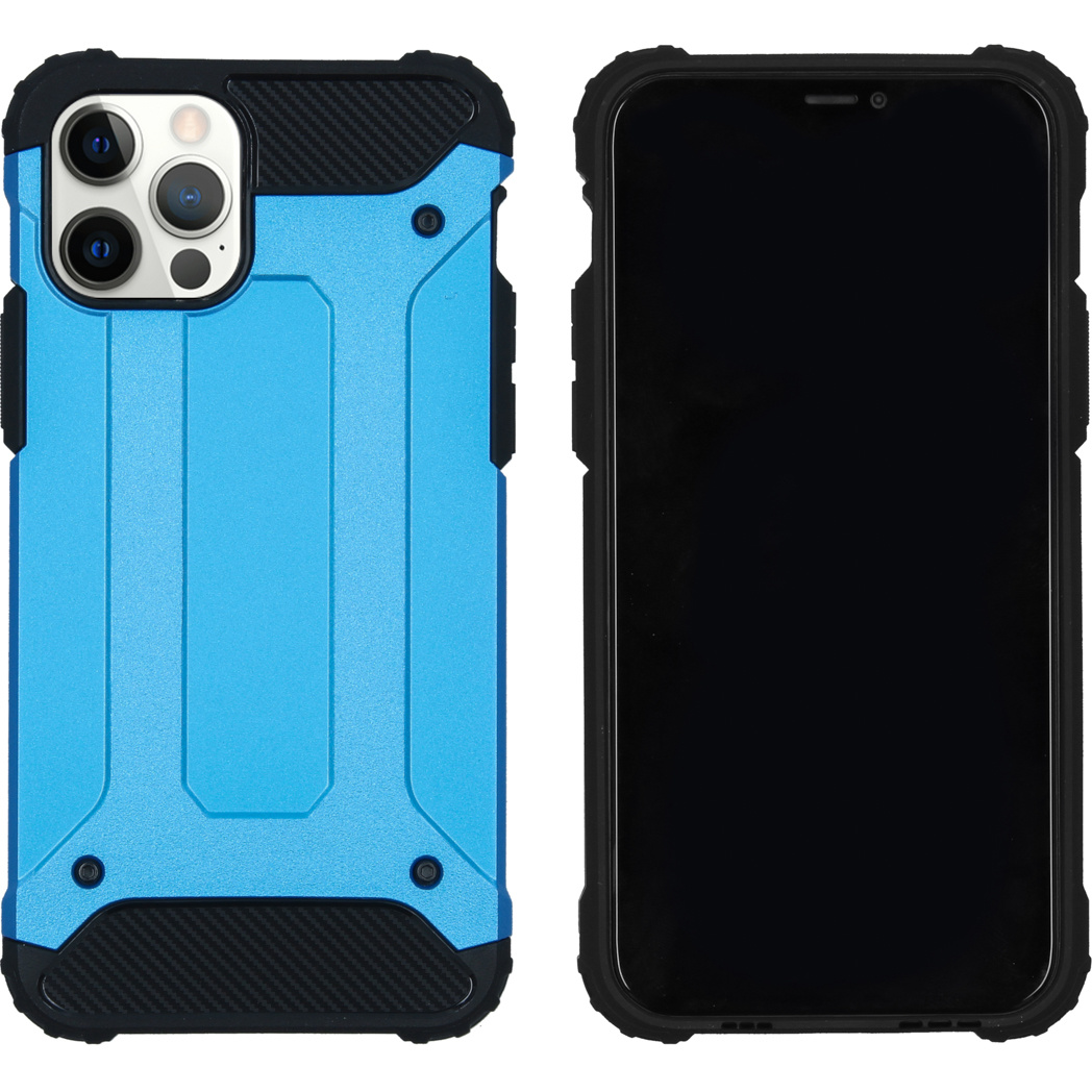 Telefoonhoesje in twee delen, blauw en zwart. Telefoon rechts. Hoesje links, met zwart scherm.