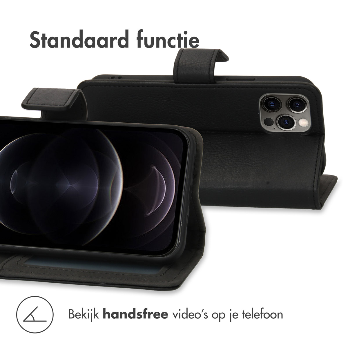 Un étui de téléphone noir avec un téléphone à l'intérieur. Le texte dit : Fonction standard. Voir des vidéos mains libres.