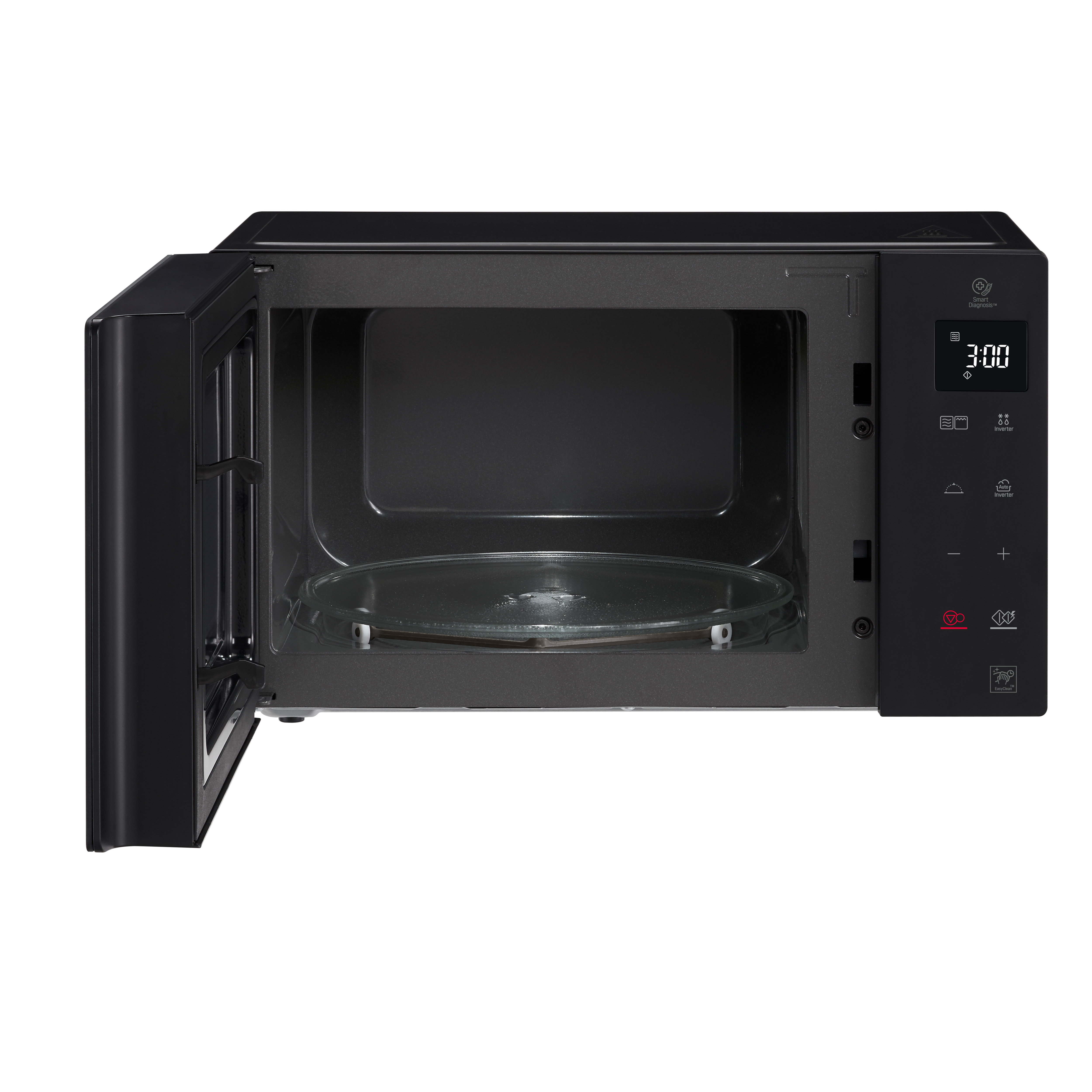 Zwarte magnetron met open deur, glazen plaat en digitaal display.