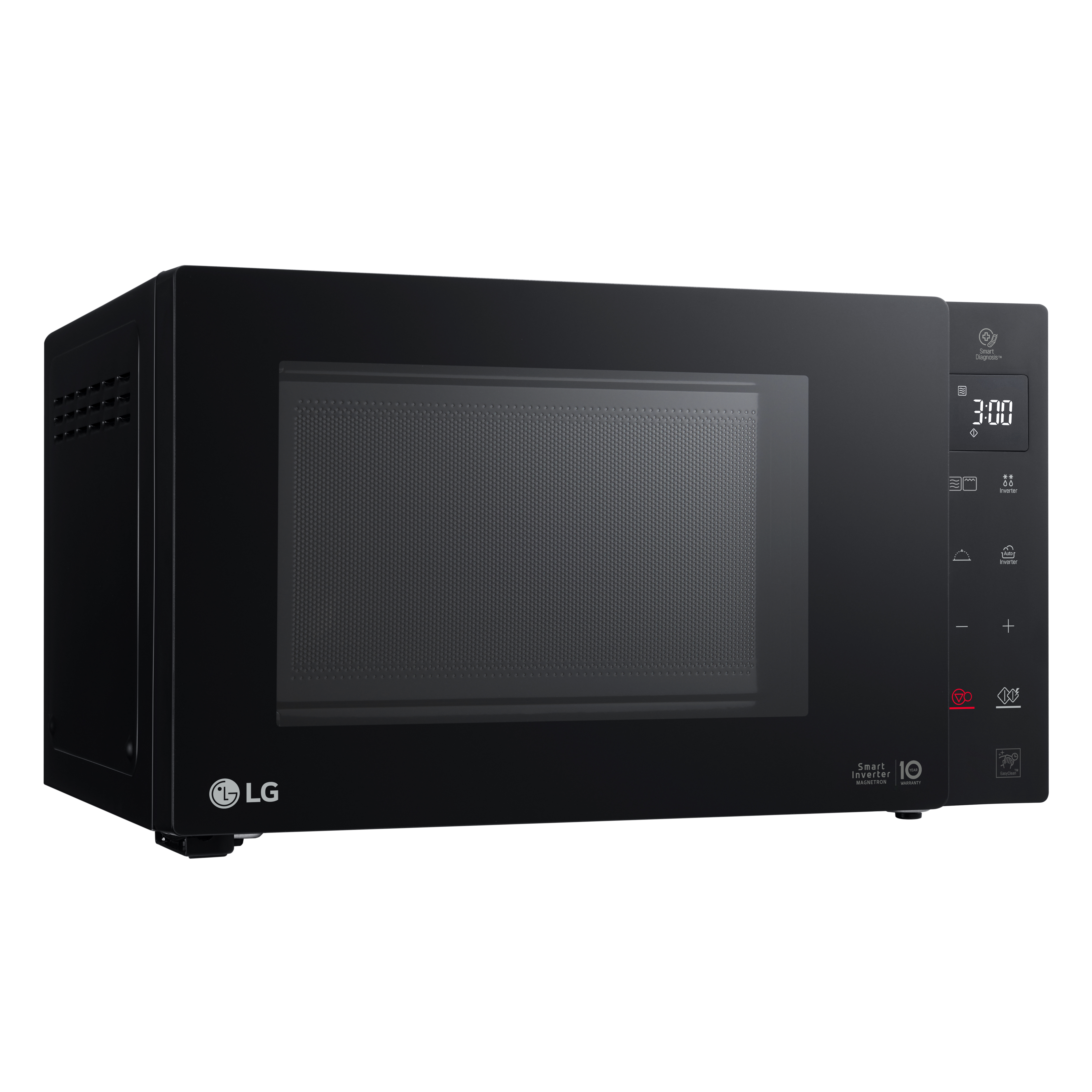 Zwarte magnetron met digitaal display en bedieningsknoppen. Op een witte achtergrond.