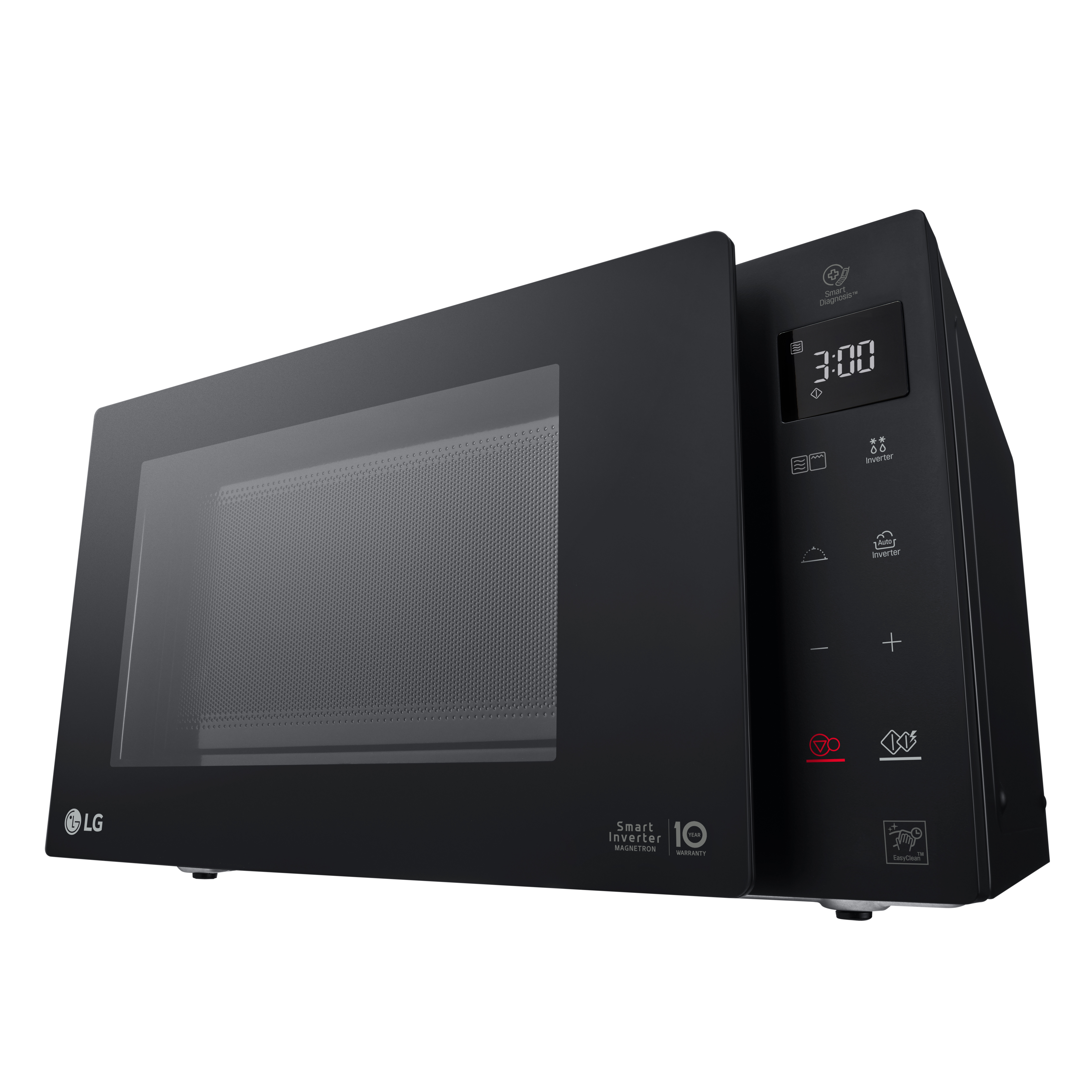 Zwarte magnetron met een open deur, digitaal display en bedieningspaneel.
