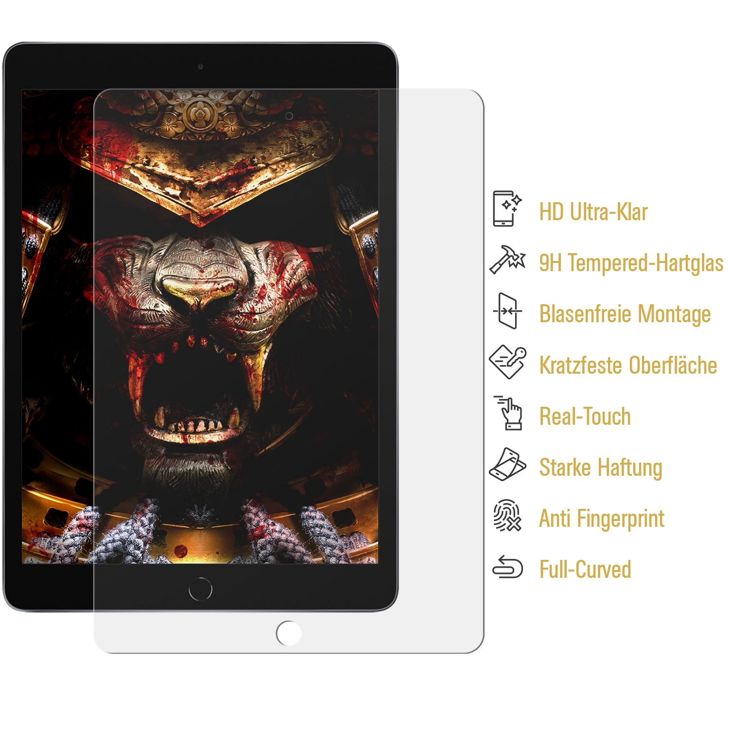 Tablet mit aufgebrachter Displayschutzfolie. Funktionen sind rechts aufgelistet.