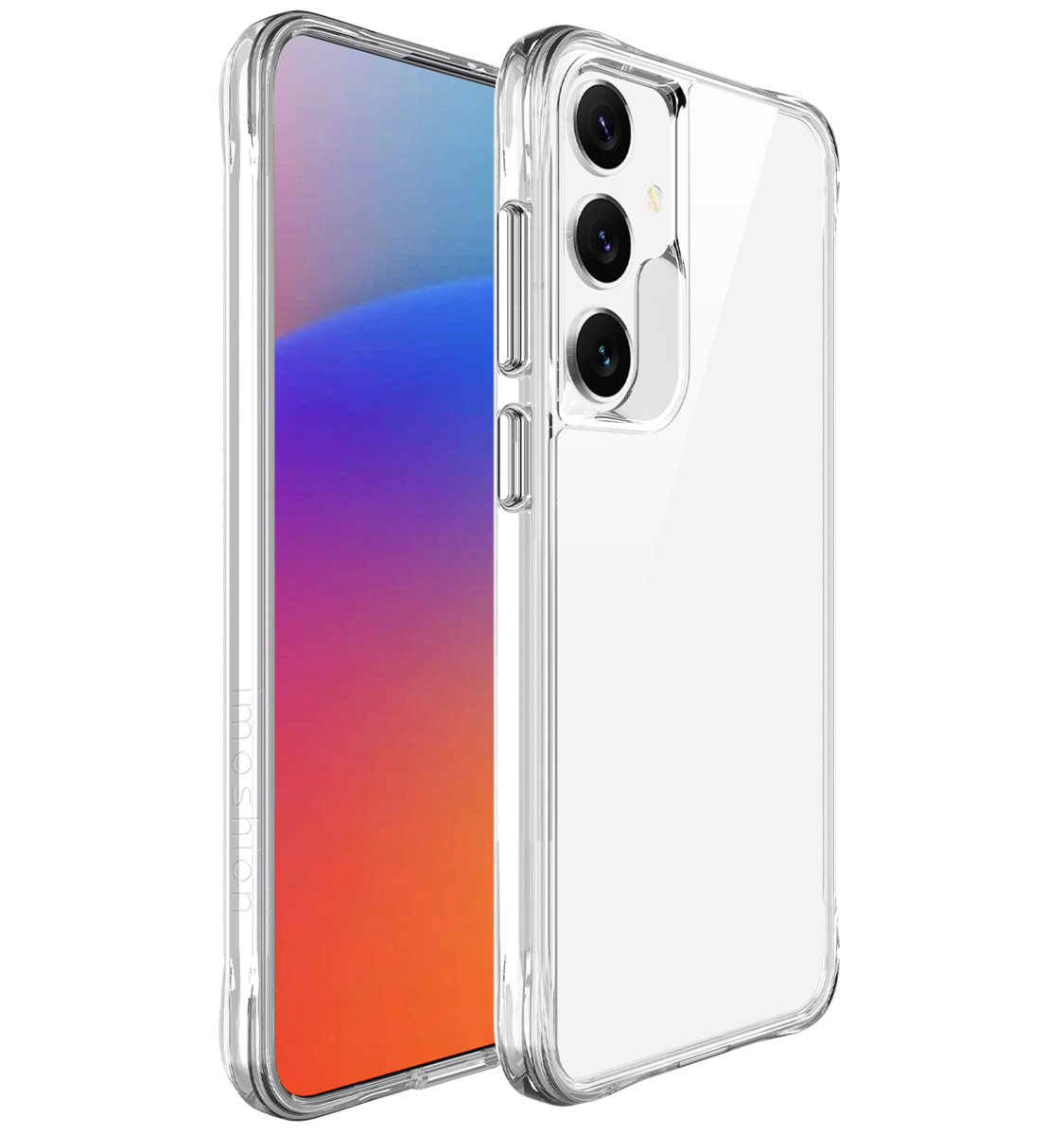 Coque de téléphone transparente sur un téléphone. Le téléphone a un écran coloré.