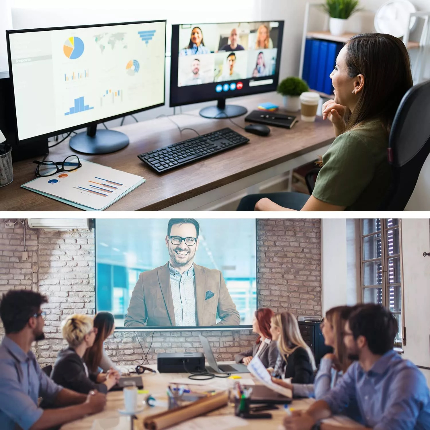Frau im Videoanruf auf einem Monitor, Gruppentreffen auf anderem Bildschirm, Mann im Bild.