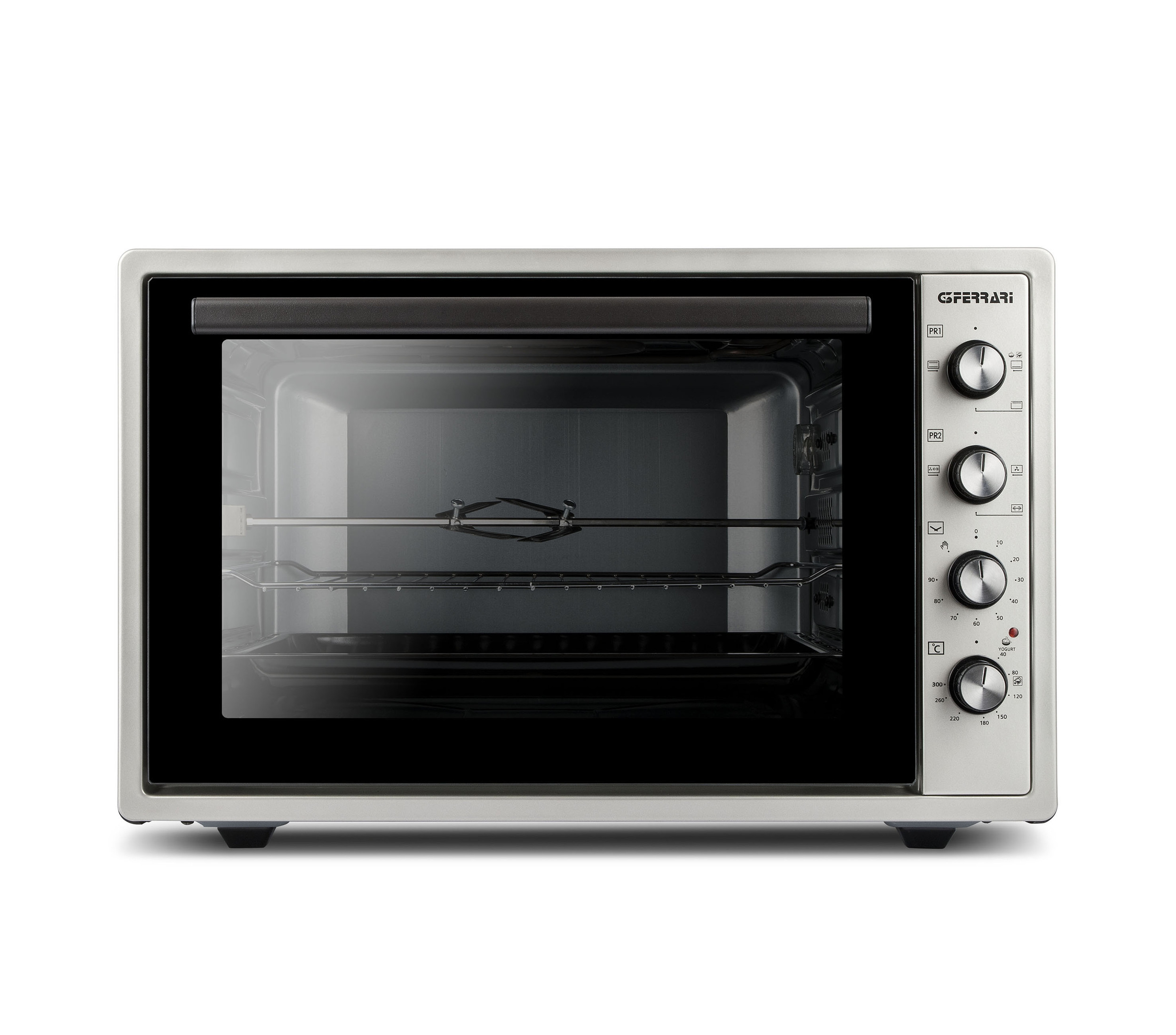 Un forno bianco con porta a vetro e pannello di controllo a destra. Interno con griglia.