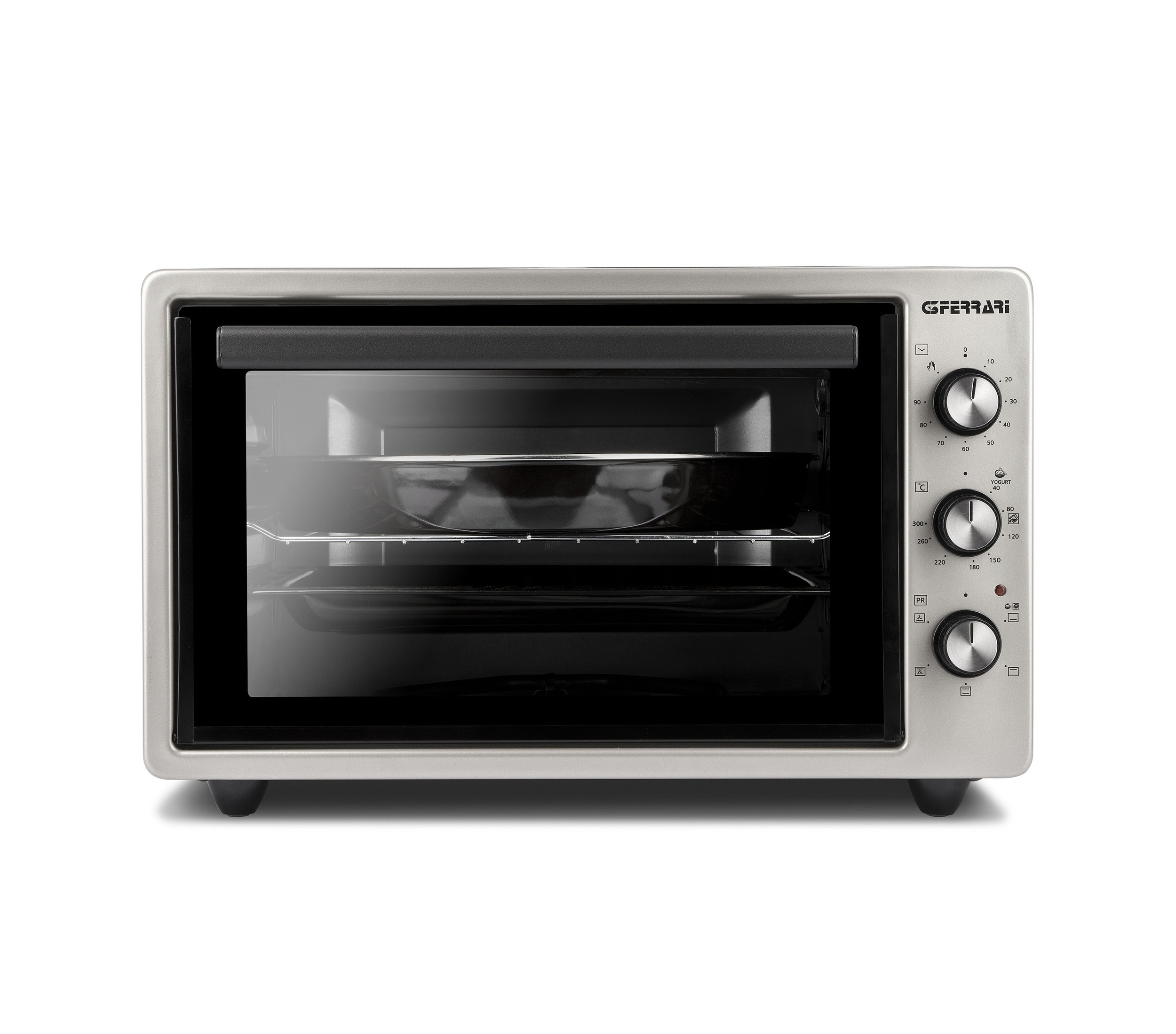 Forno argentato con porta a vetro e comandi a destra. Due griglie visibili. Sfondo bianco.