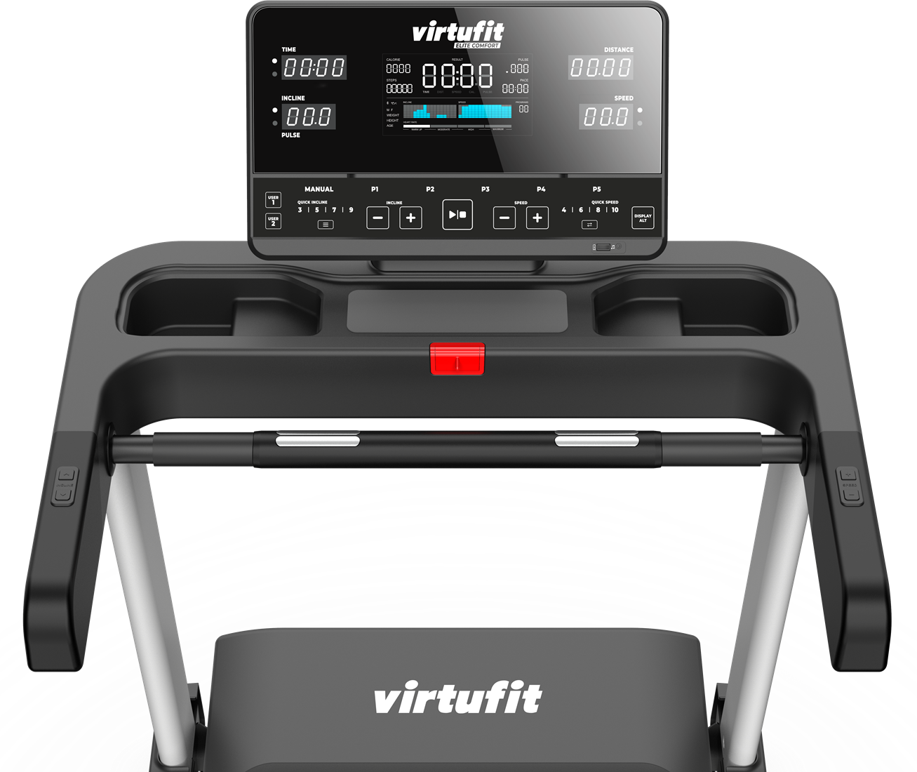 Laufbandkonsole mit Digitalanzeige für Zeit, Steigung und Geschwindigkeit.