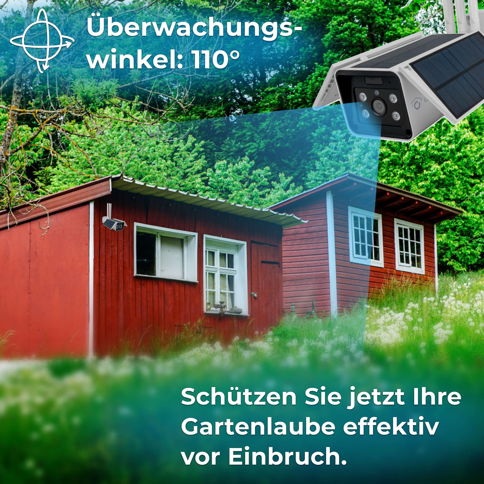 Roter Schuppen in einem Garten mit Überwachungskamera. Der Text lautet: Schützen Sie Ihren Garten.