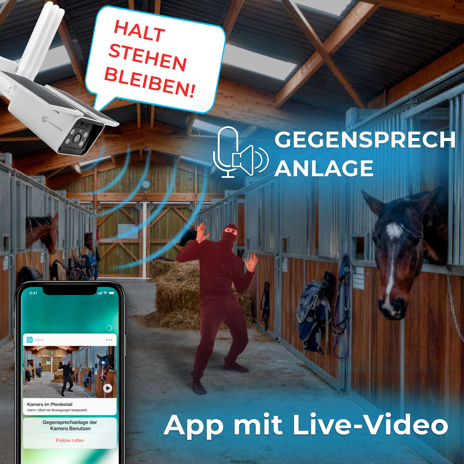 Eine Überwachungskamera, ein Telefon und eine Person in einem Stall. Das Telefon zeigt ein Live-Video.