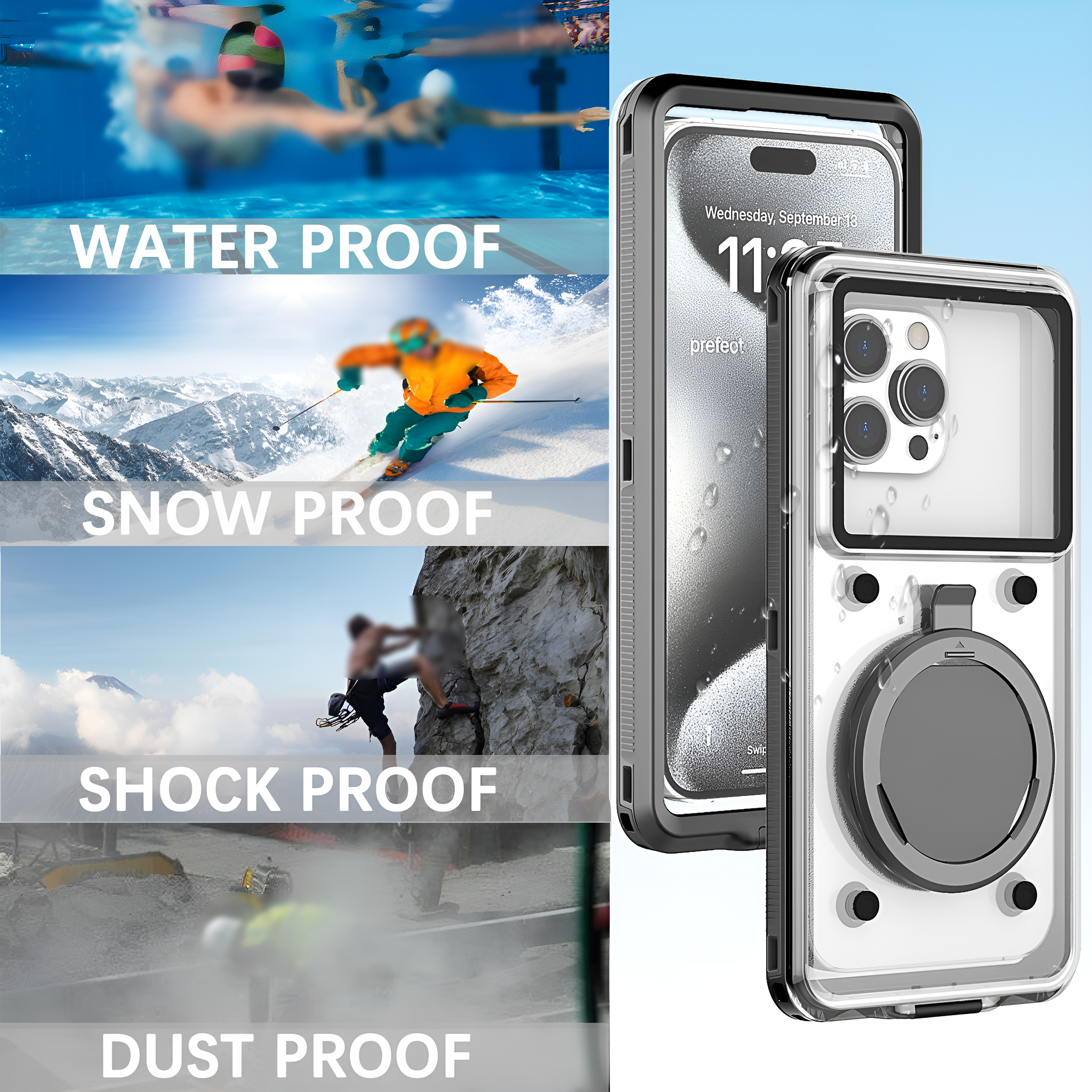 Wasserdichte, schneefeste, stoßfeste und staubdichte Handyhülle mit Telefon.