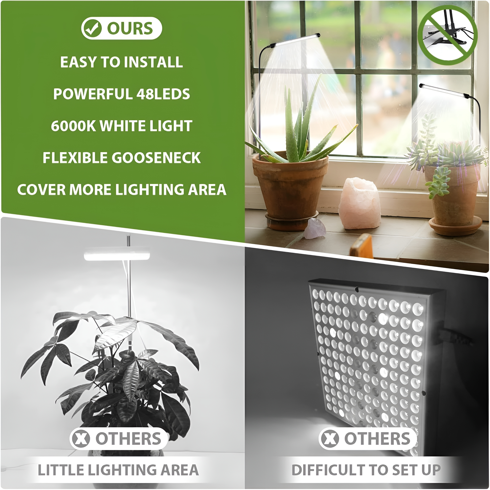 Das Bild zeigt einen Vergleich von LED-Licht-Setups, wobei das hervorgehobene überlegen ist.