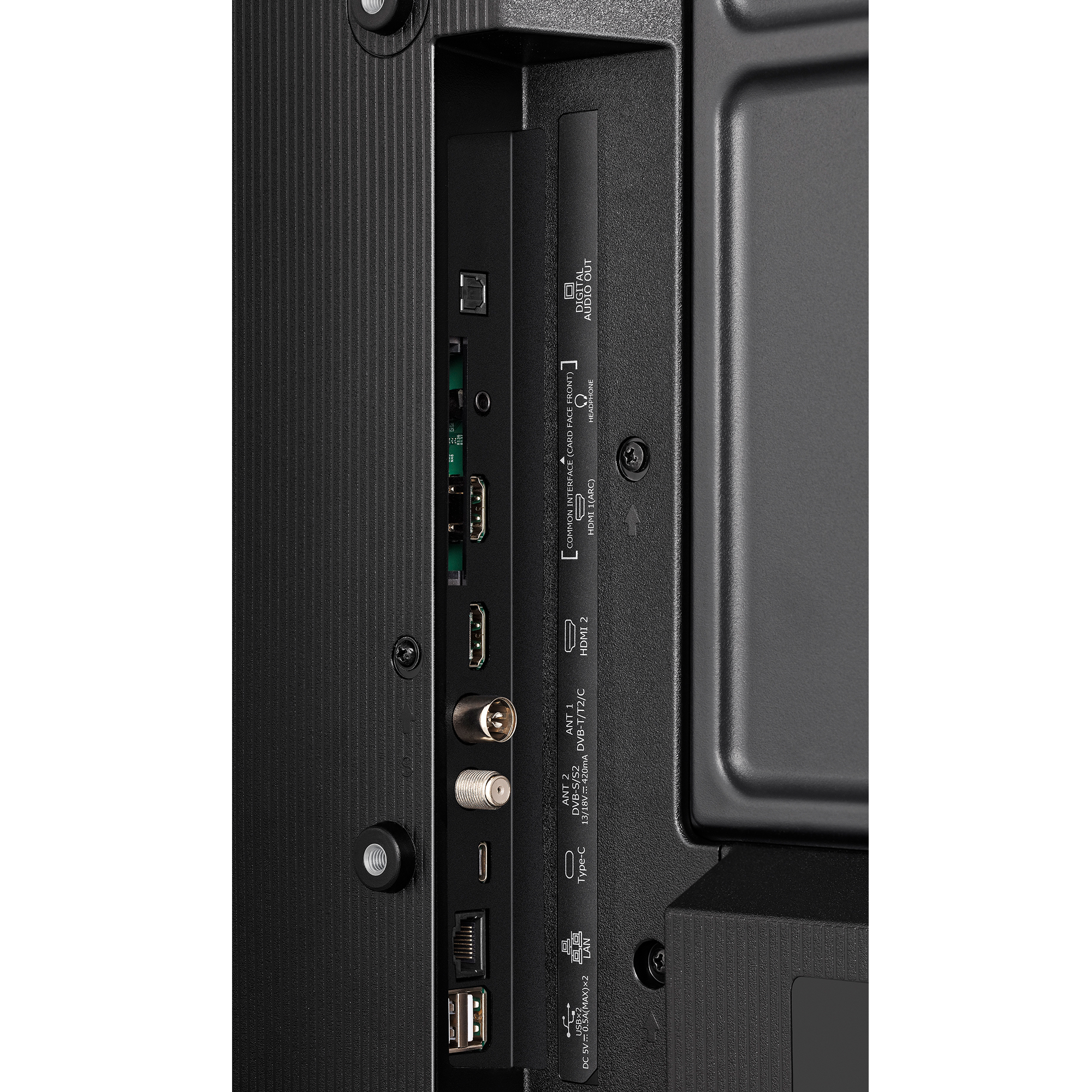 Tylny panel telewizora. Widoczne różne porty: HDMI, USB, Antena itp. w czarnej ramce.