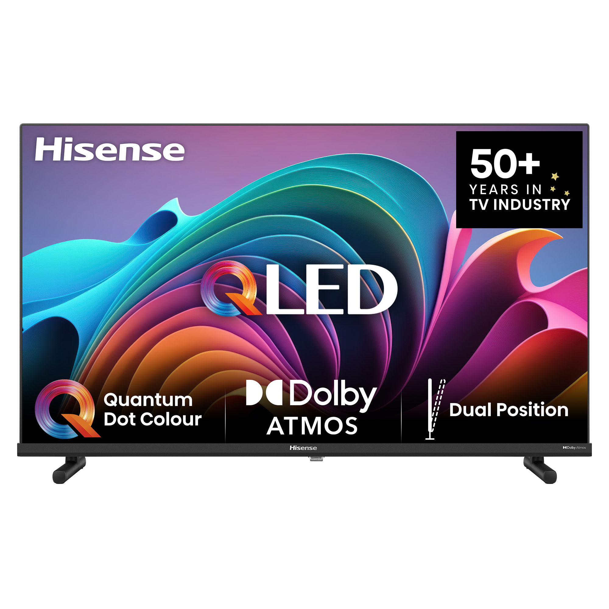 Telewizor Hisense QLED wyświetlający kolorową sztukę abstrakcyjną, z tekstem o Dolby Atmos i Quantum Dot.