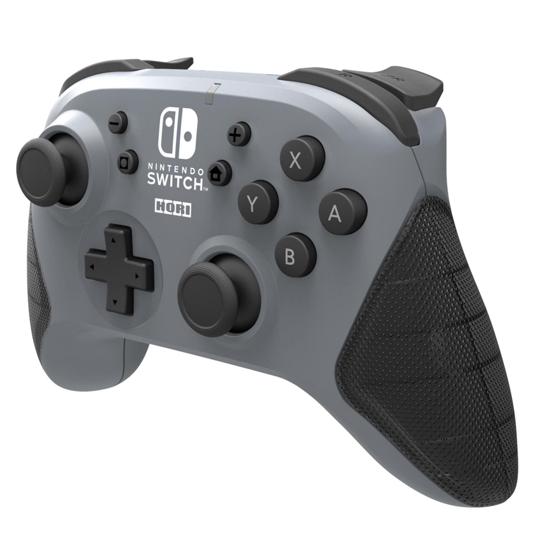 Szary kontroler Nintendo Switch. Posiada przyciski i joysticki do gier. Widoczna jest marka Hori.
