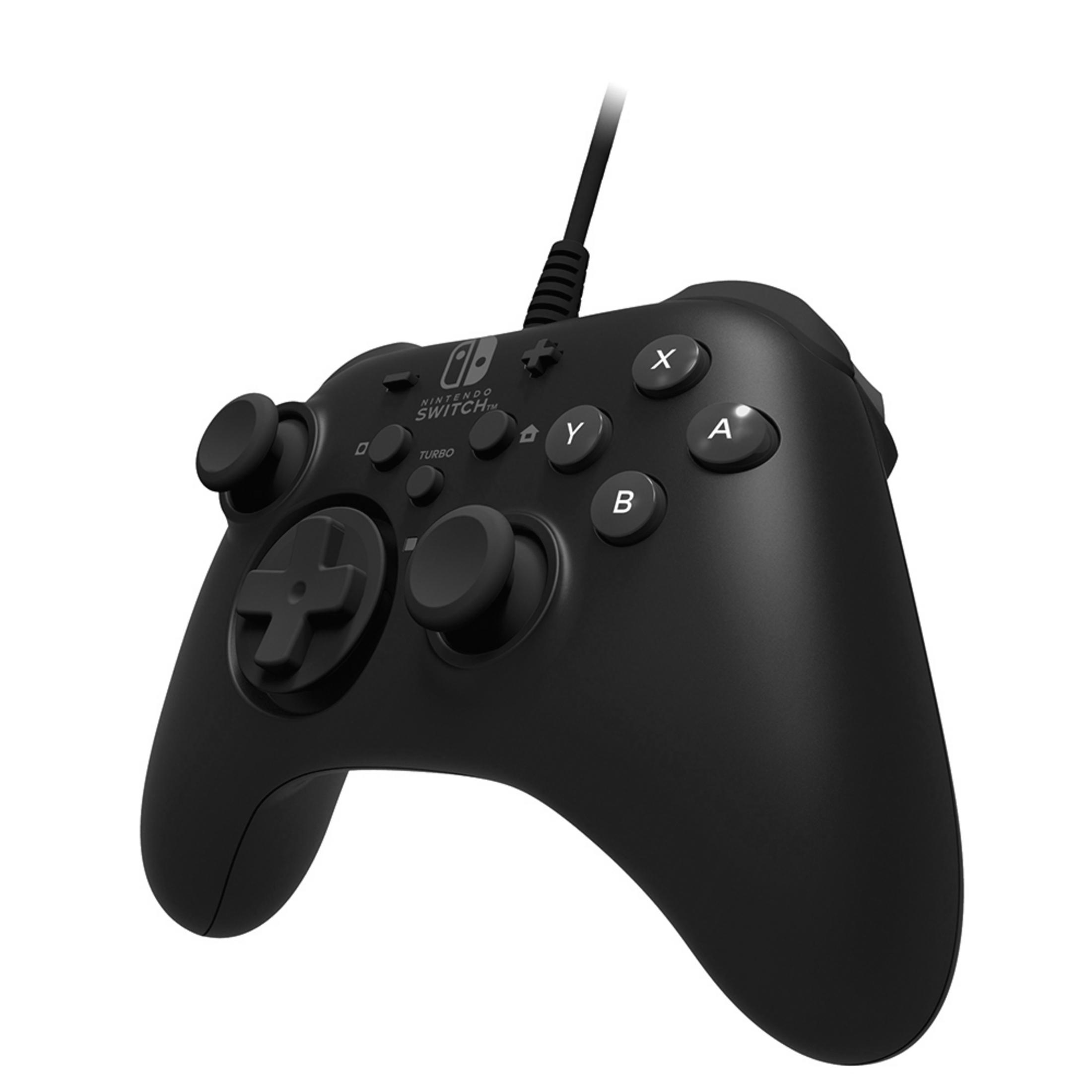 Schwarzer Nintendo Switch Controller mit Knöpfen und Kabel. Grauer Hintergrund.