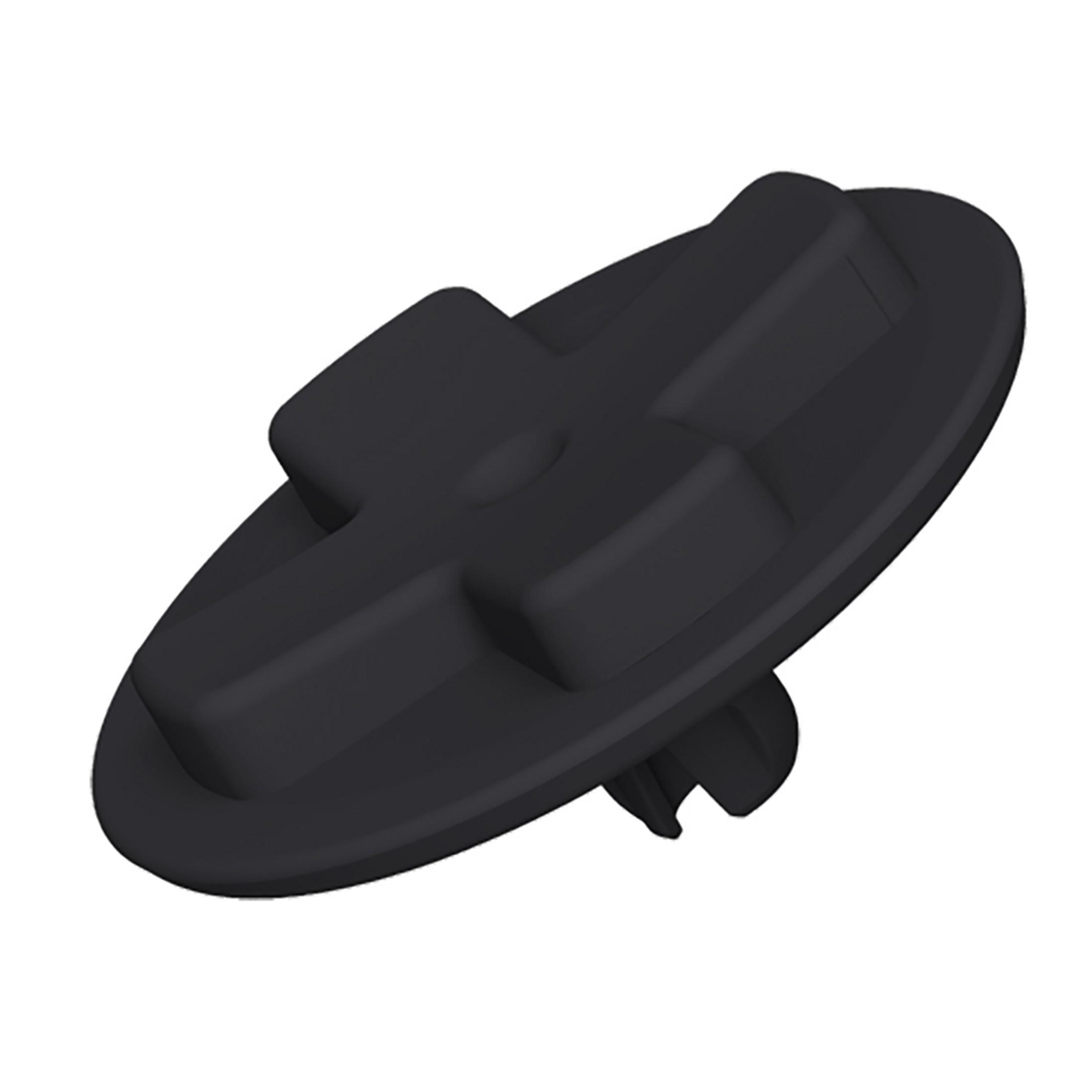 Schwarzer kreuzförmiger Gamecontroller-Knopf, schräge Ansicht auf weißem Hintergrund.
