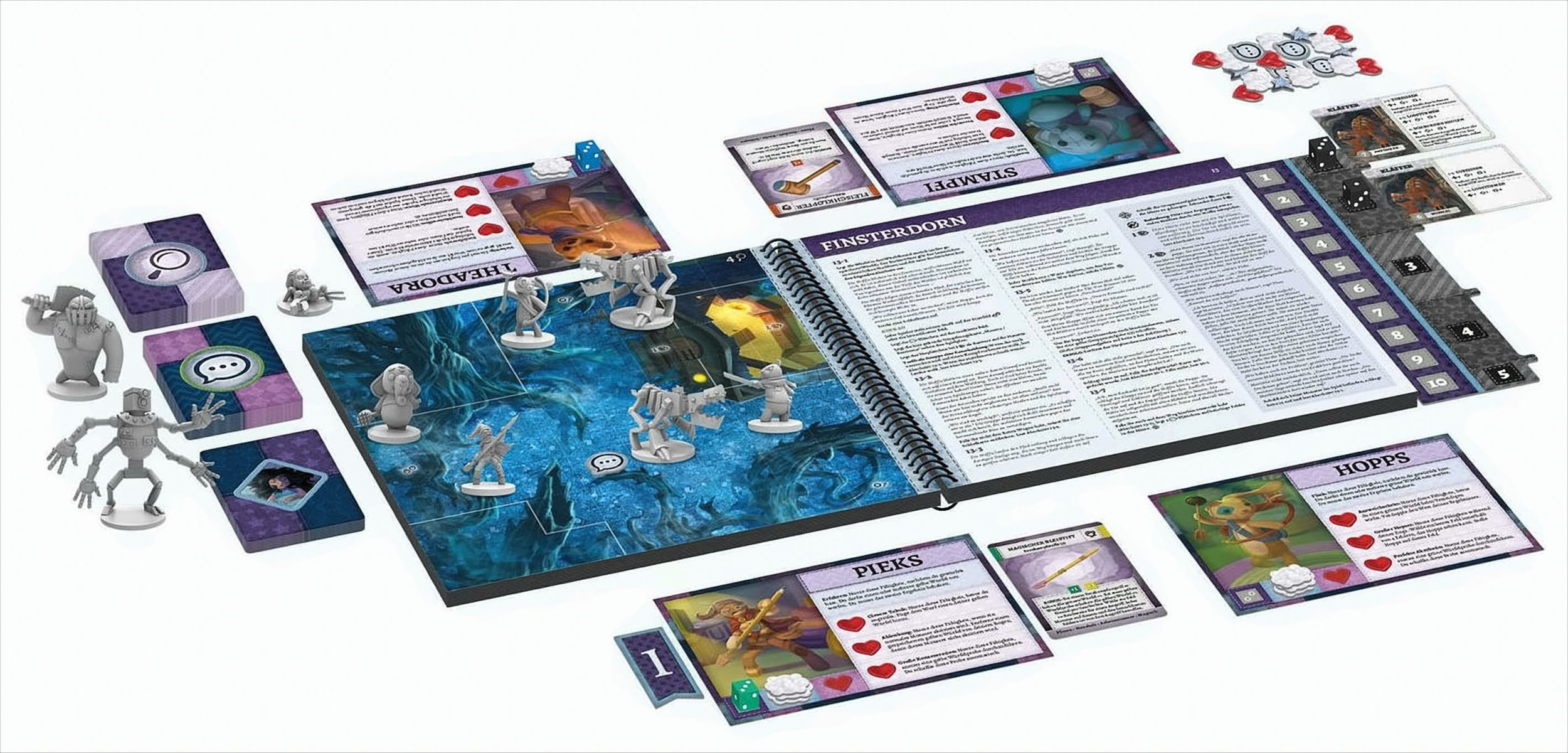 Brettspiel-Setup mit Karten, Figuren und einem Spielbrett. Verschiedene Komponenten sind verteilt.