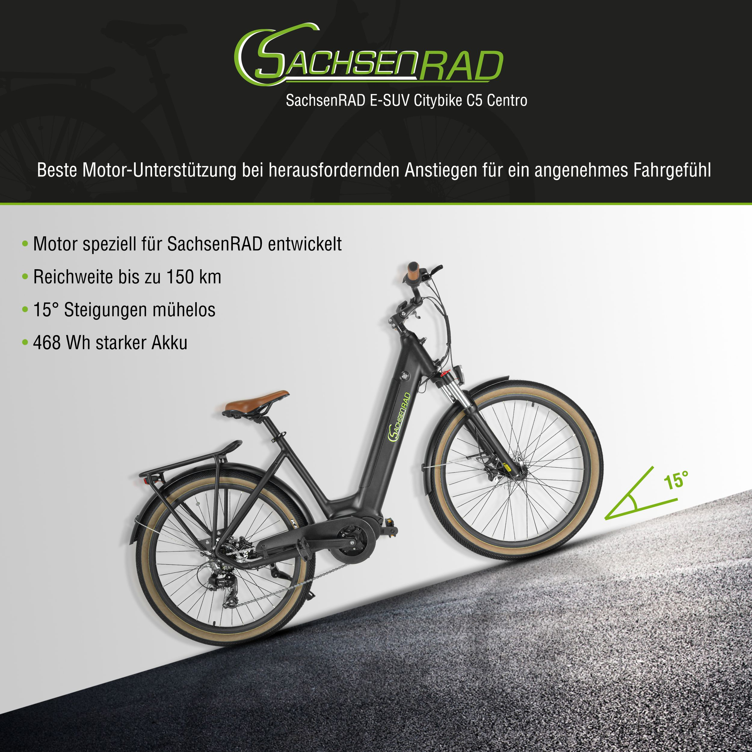Zwarte elektrische fiets op een verloop. Tekst over motorondersteuning en bereik.
