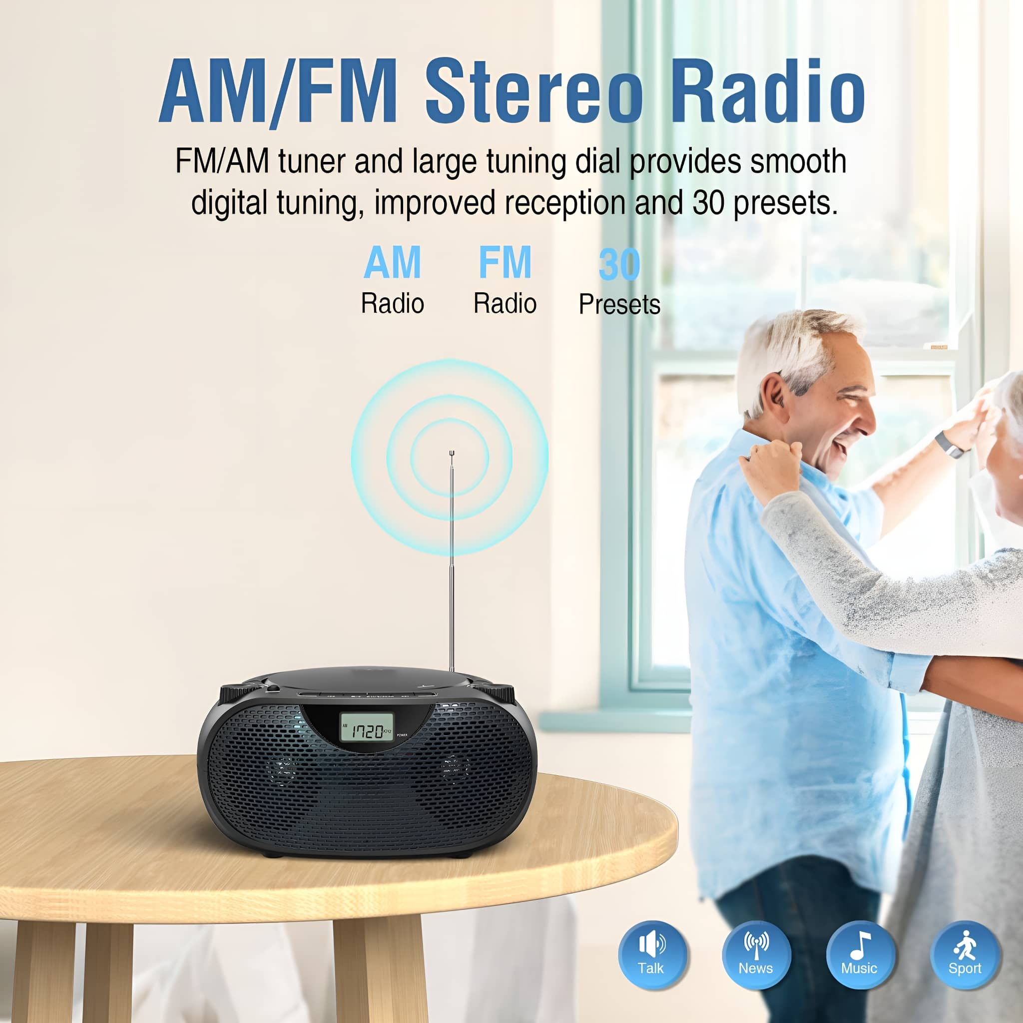 Ein schwarzes AM/FM-Stereoradio auf einem Holztisch, mit tanzendem Paar.
