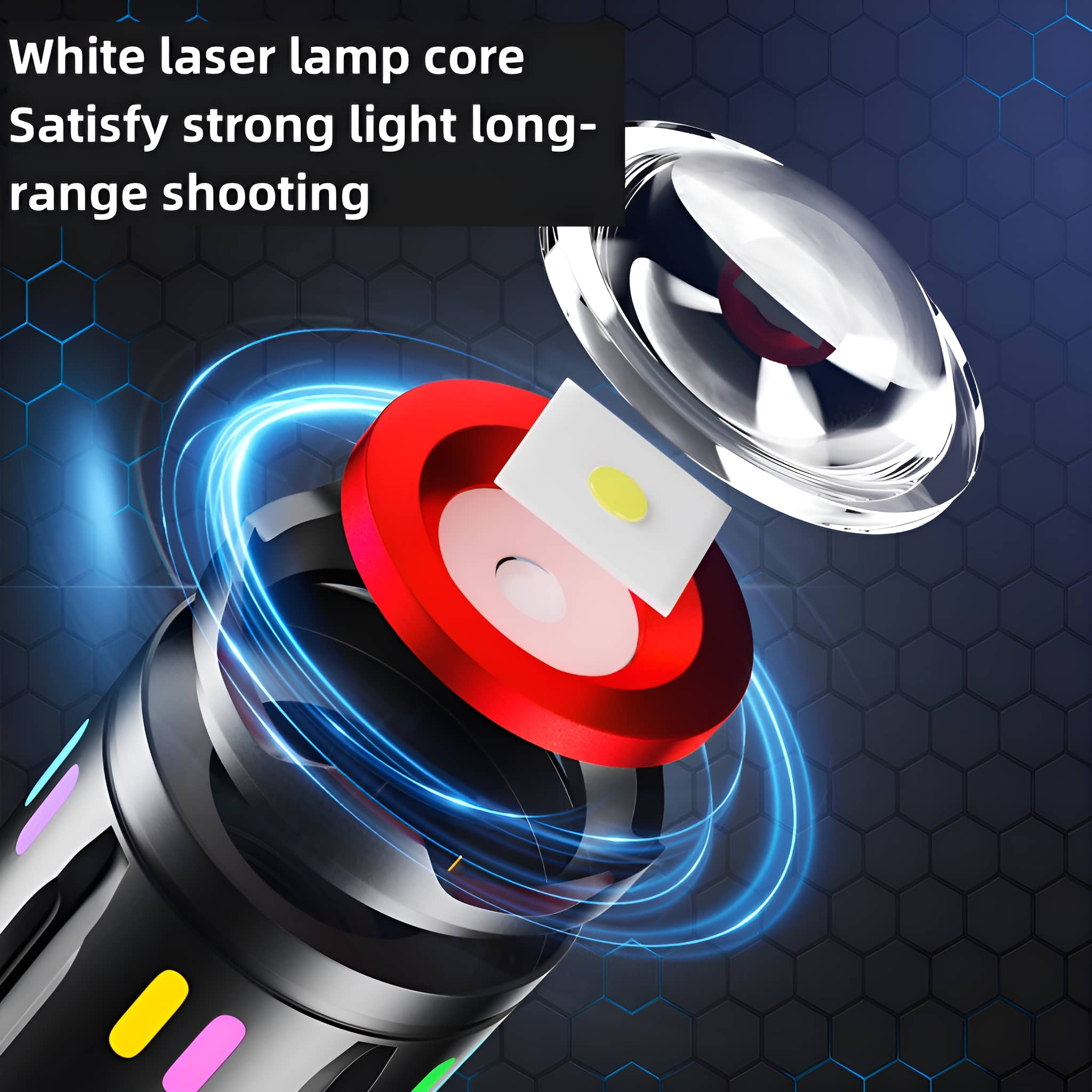 Nahaufnahme eines Laserlampenkerns mit roten und weißen Elementen, blauen Lichtstreifen auf dunklem Hintergrund.