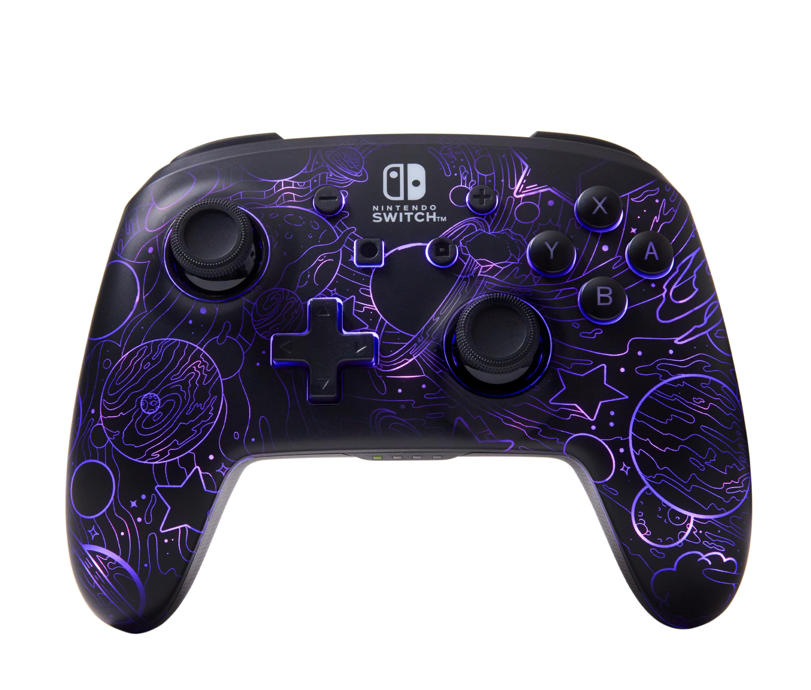 Czarny kontroler Nintendo Switch z fioletowym wzorem kosmicznym.