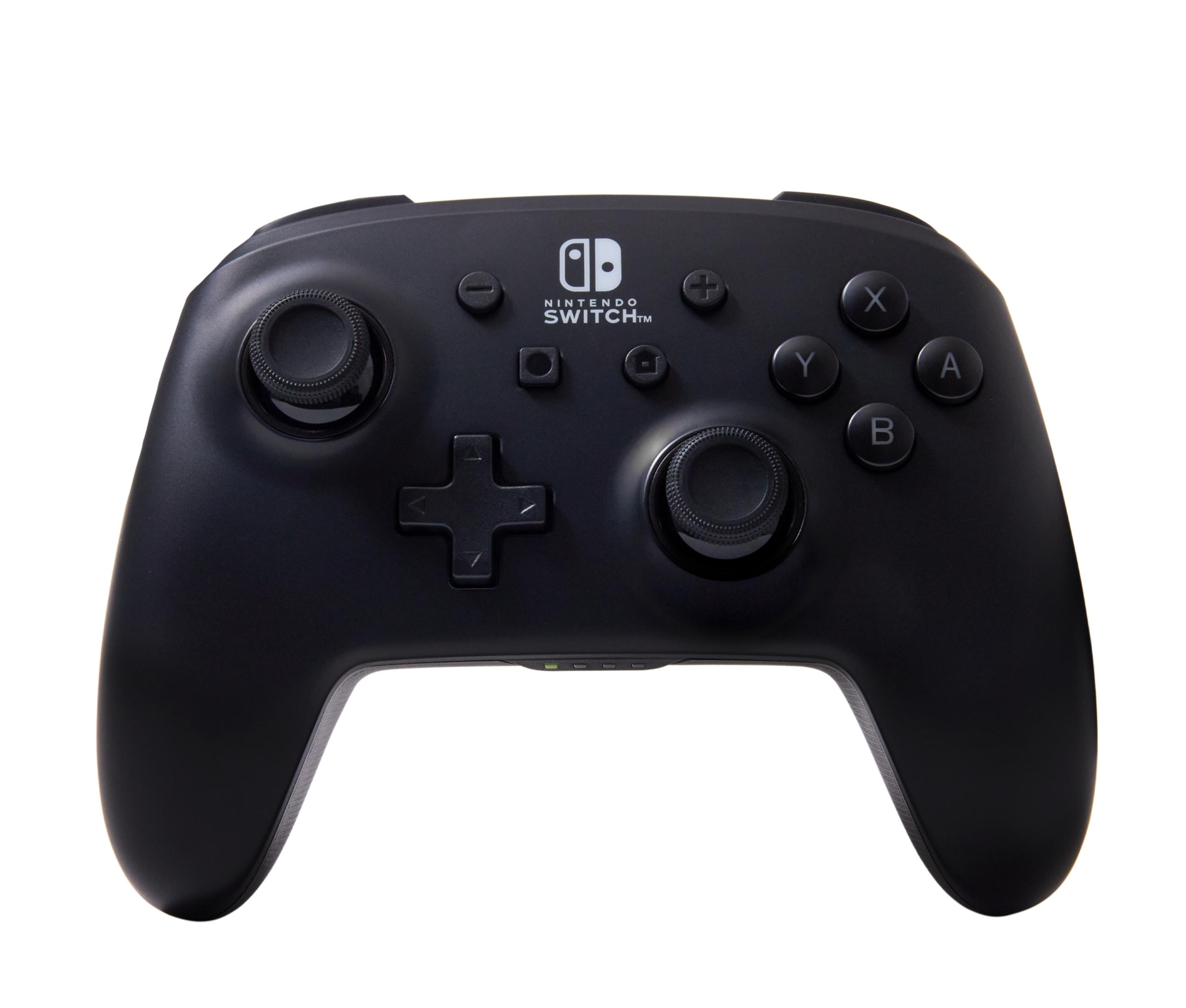 Czarny kontroler Nintendo Switch Pro, z przyciskami, joystickami i logo Nintendo.