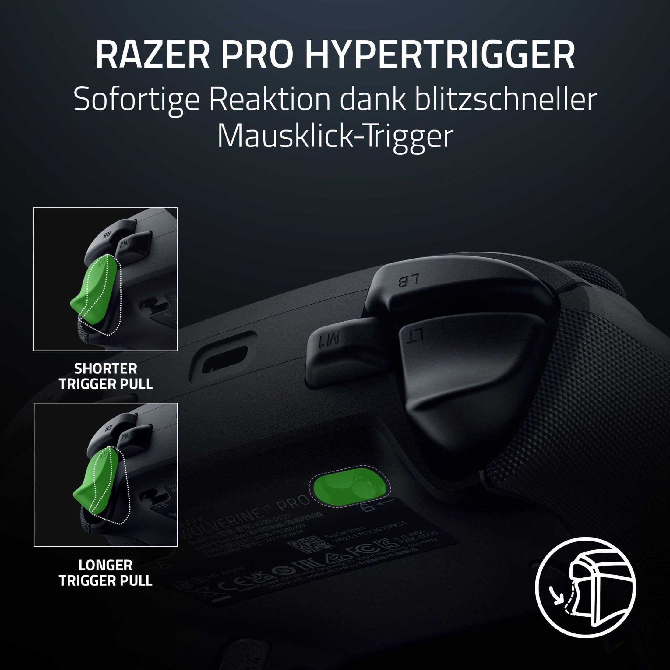 Czarny kontroler do gier z zielonymi przyciskami, Razer. Zbliżenie na różnice w spustach.