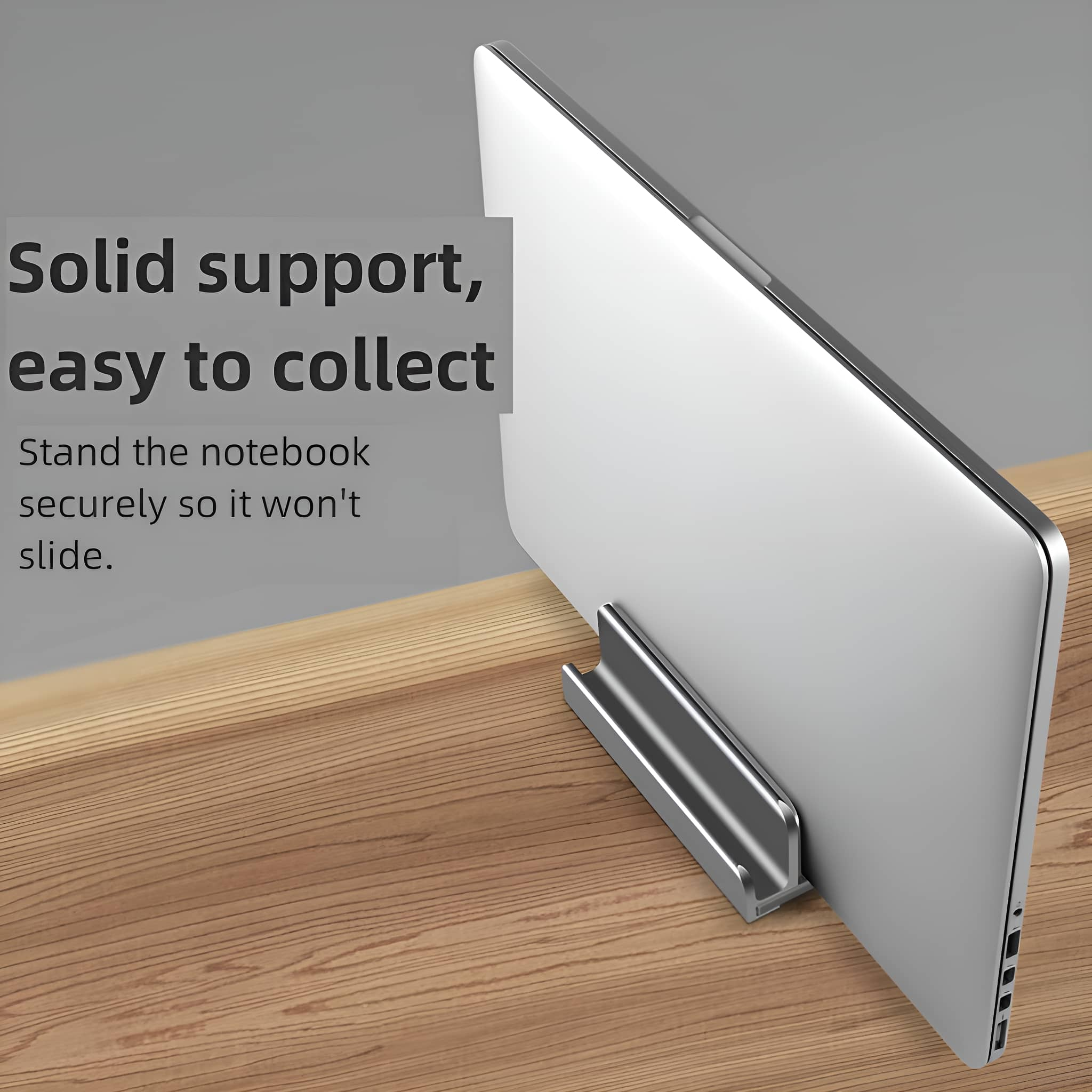 Laptop auf silbernem Ständer. Text: Solide Unterstützung, einfach zu sammeln. Ständer sichert das Notebook.