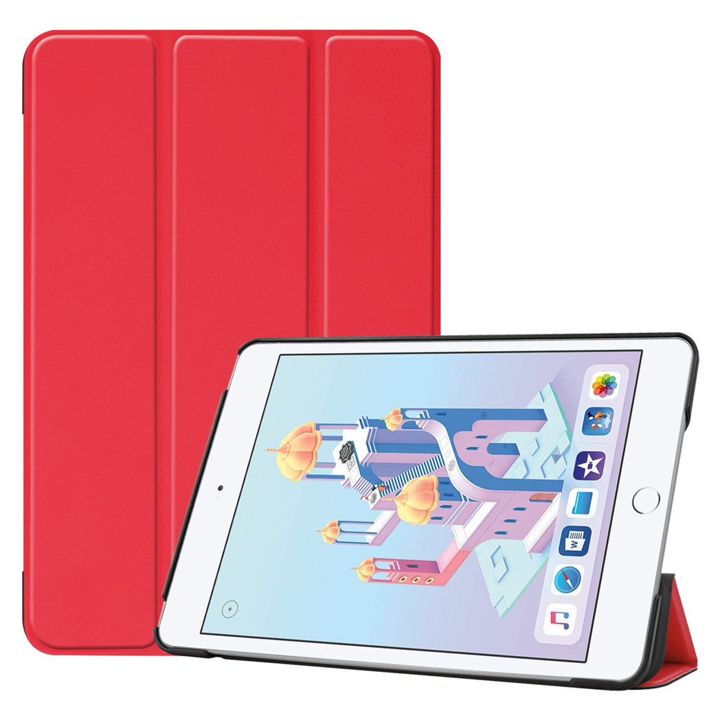 Red tablet case with a tablet. The tablet shows a display with various icons.