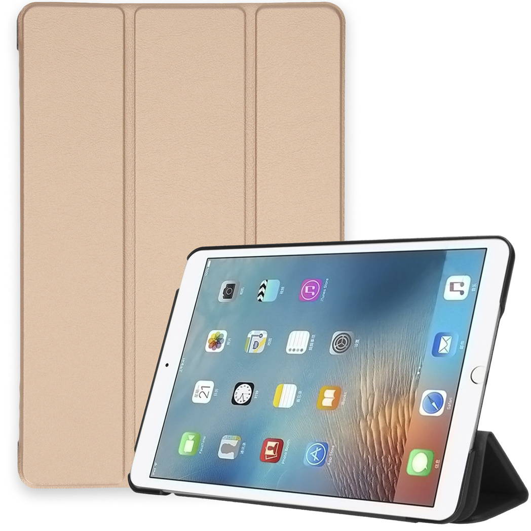 Beige tablet case, open. The tablet is in the case and the case is open.