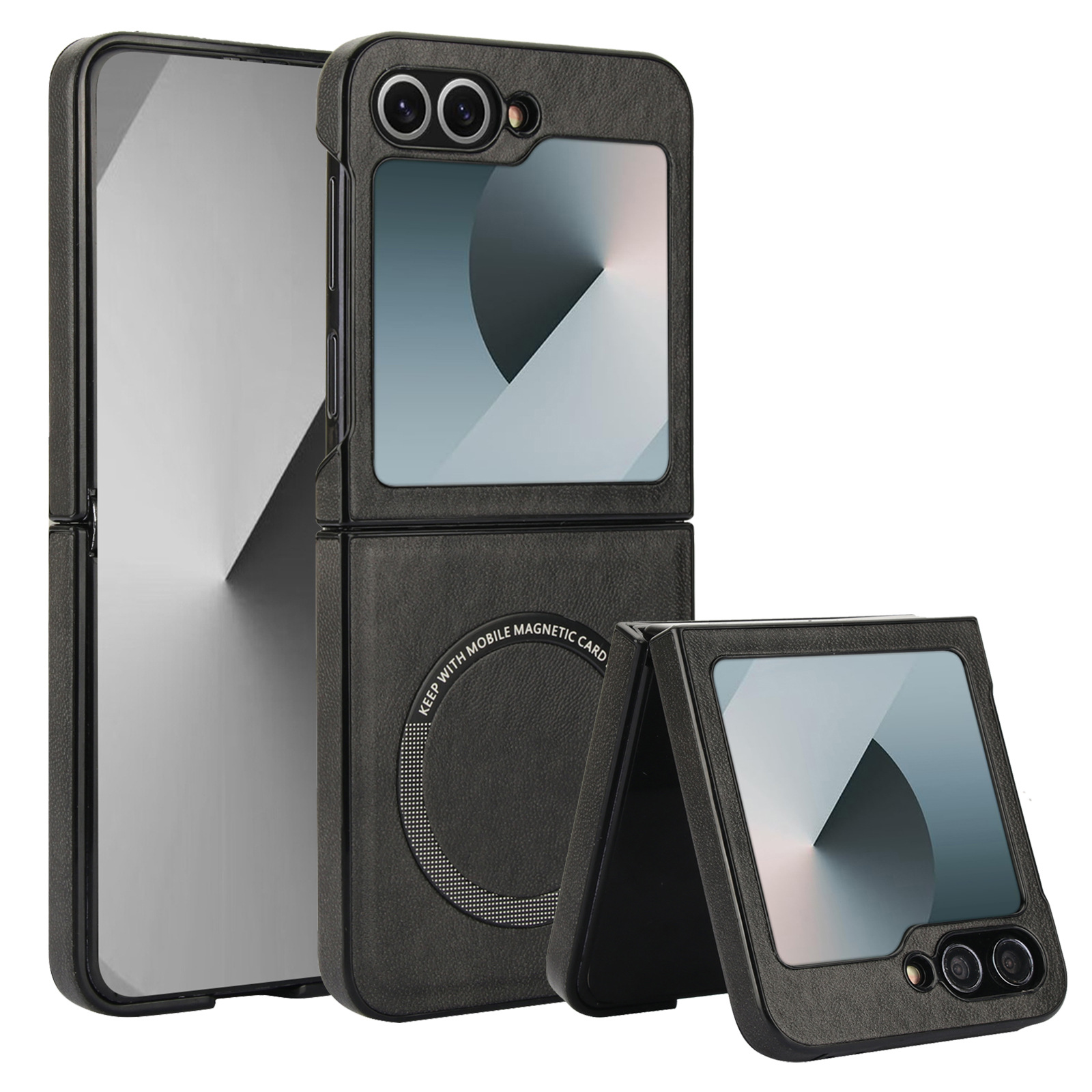 Custodia nera, aperta, con telefono dentro. Il telefono ha fotocamere. La custodia è simile alla pelle.