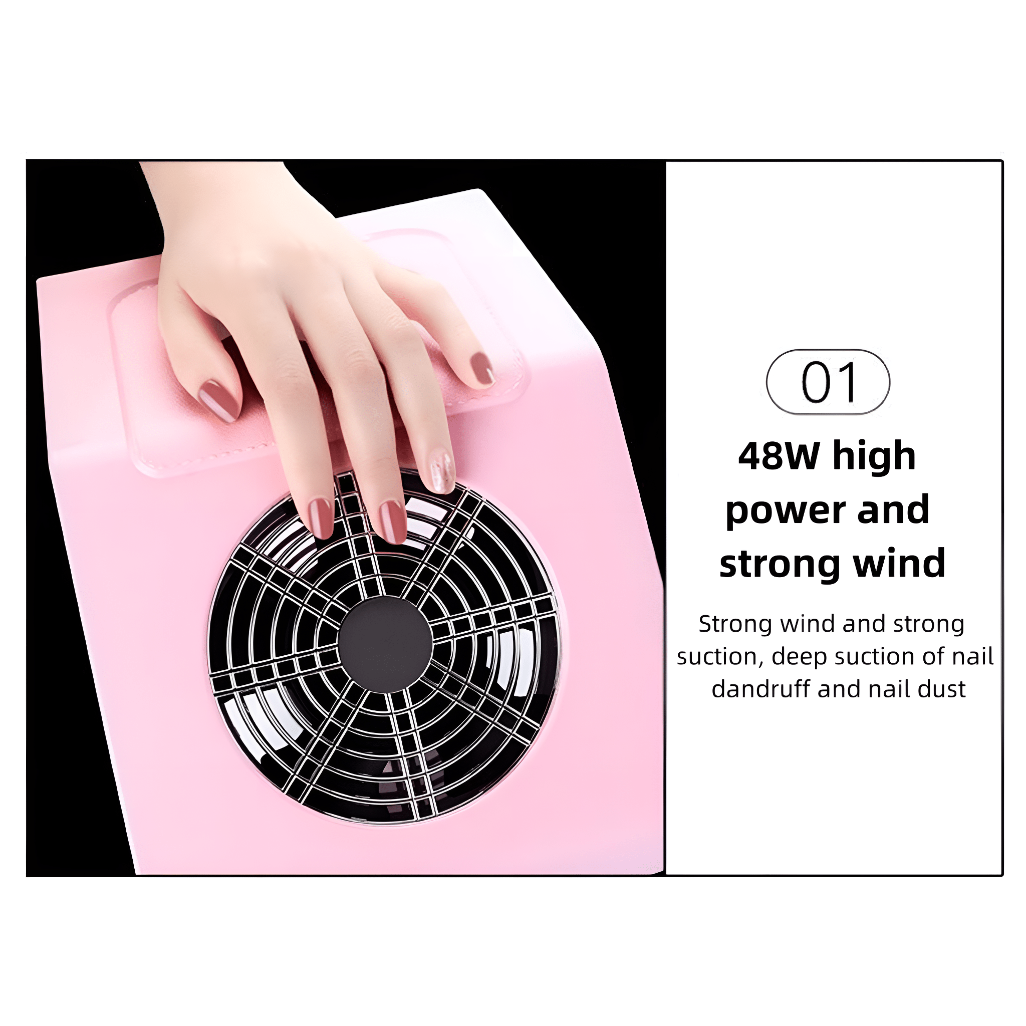 Ein rosa Nageldunstabsauger mit Hand, Ventilator und Text.