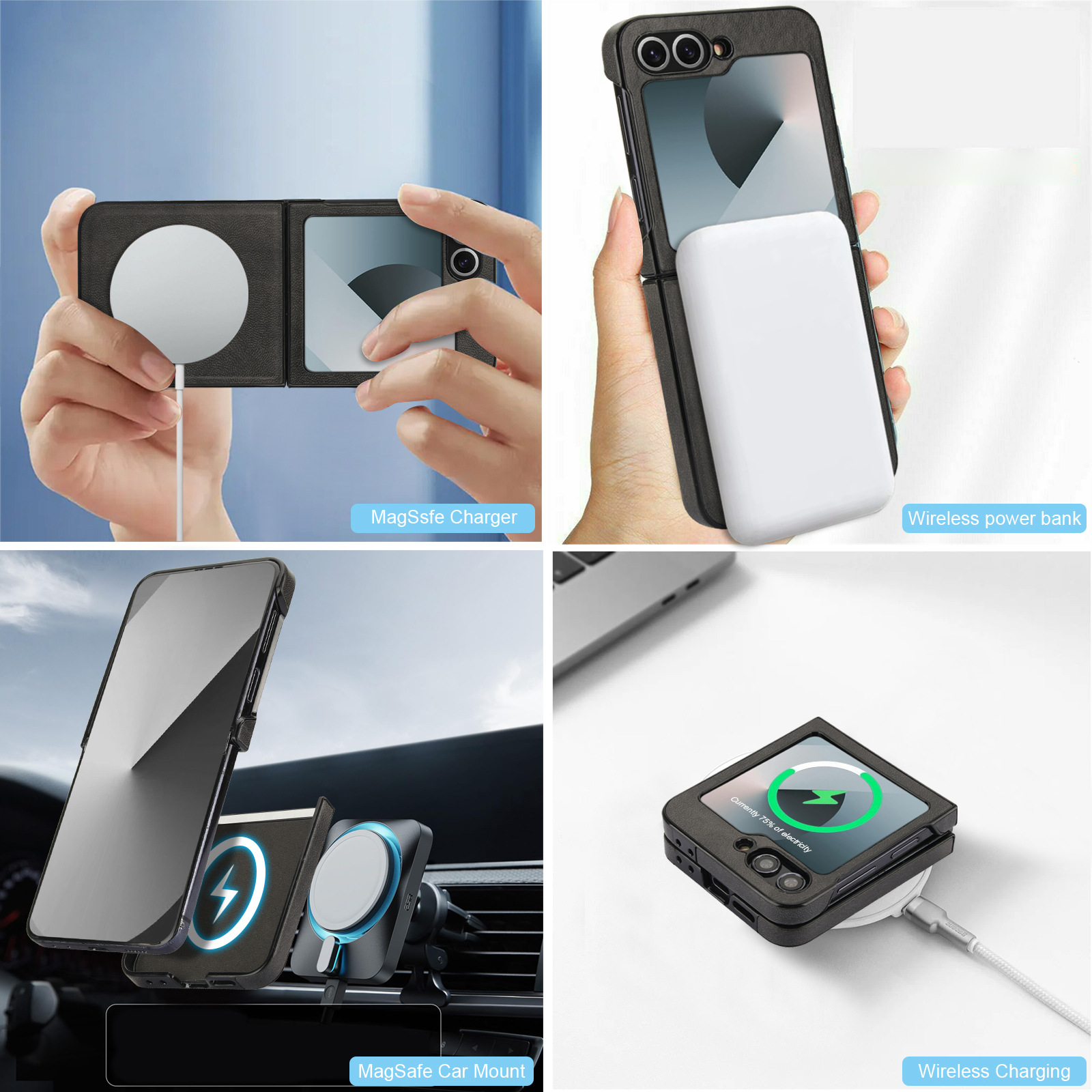 Quattro immagini di accessori tecnologici: caricatore MagSafe, power bank, supporto per auto e ricarica wireless.