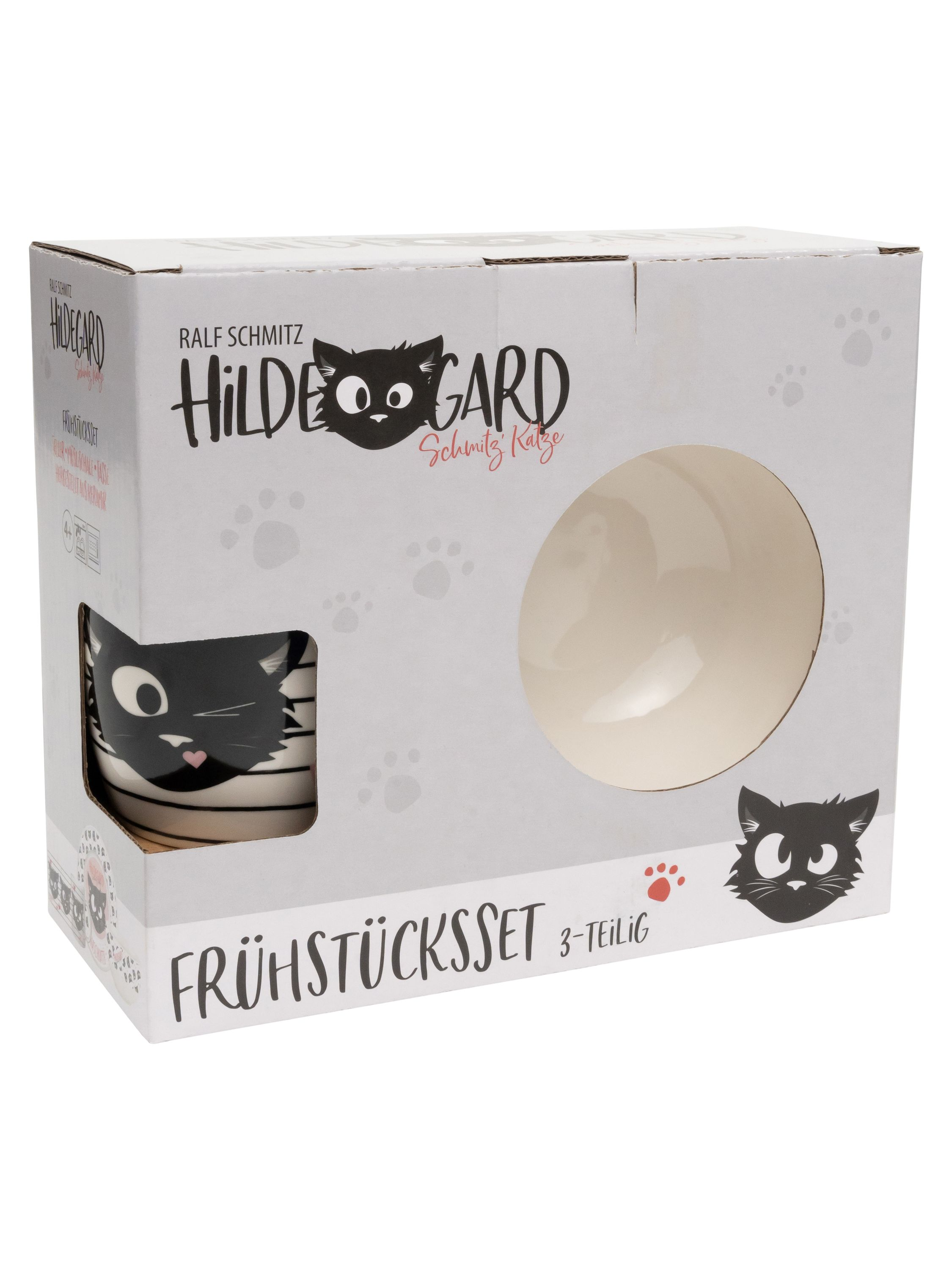 Katzen-Frühstücksbox. Die Box hat eine Tasse und eine Schüssel darin.