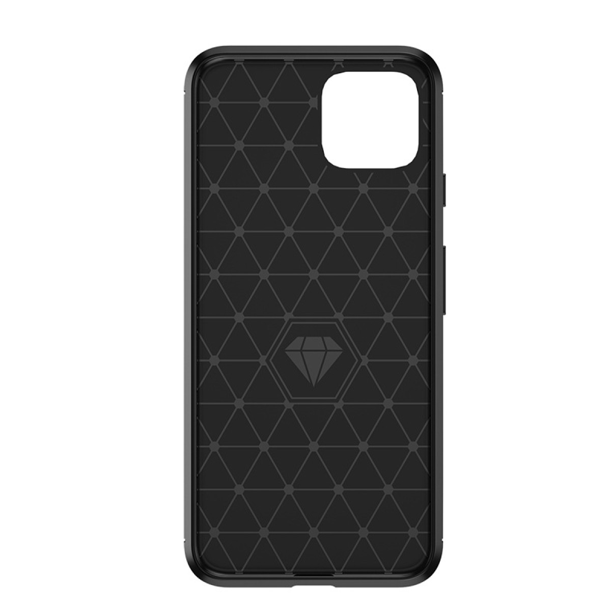 Custodia per telefono nera, interno con motivo triangolare e forma di diamante al centro.