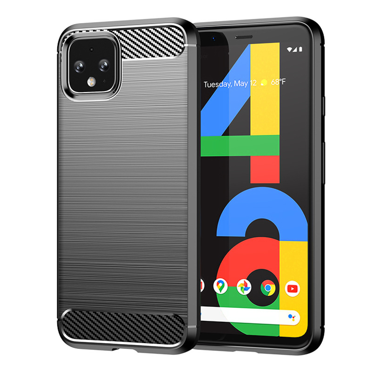 Custodia per telefono nera e grigia con design in fibra di carbonio, che copre un telefono con schermo app.