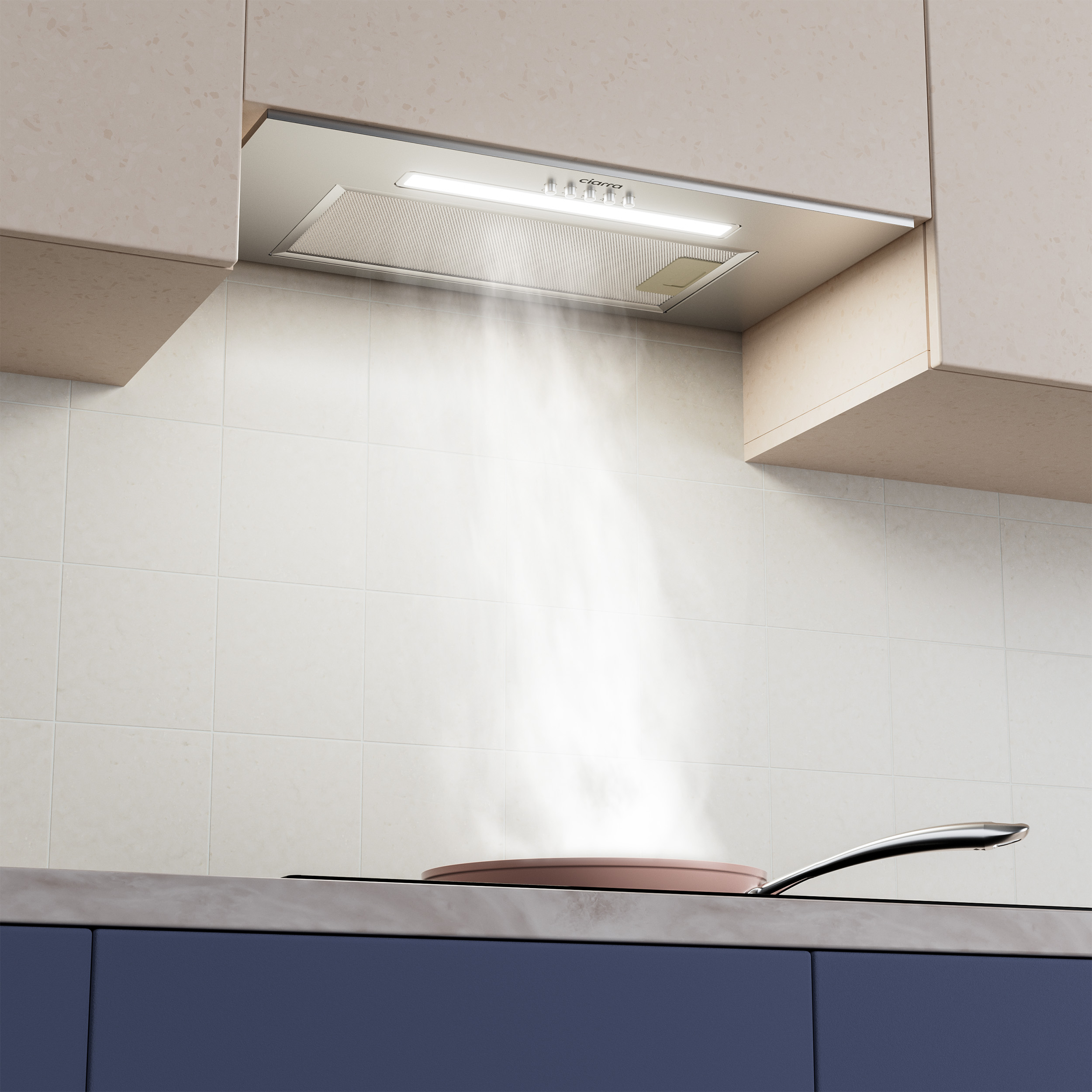 Kitchen hood with steam from cooking. White background, beige cabinets.